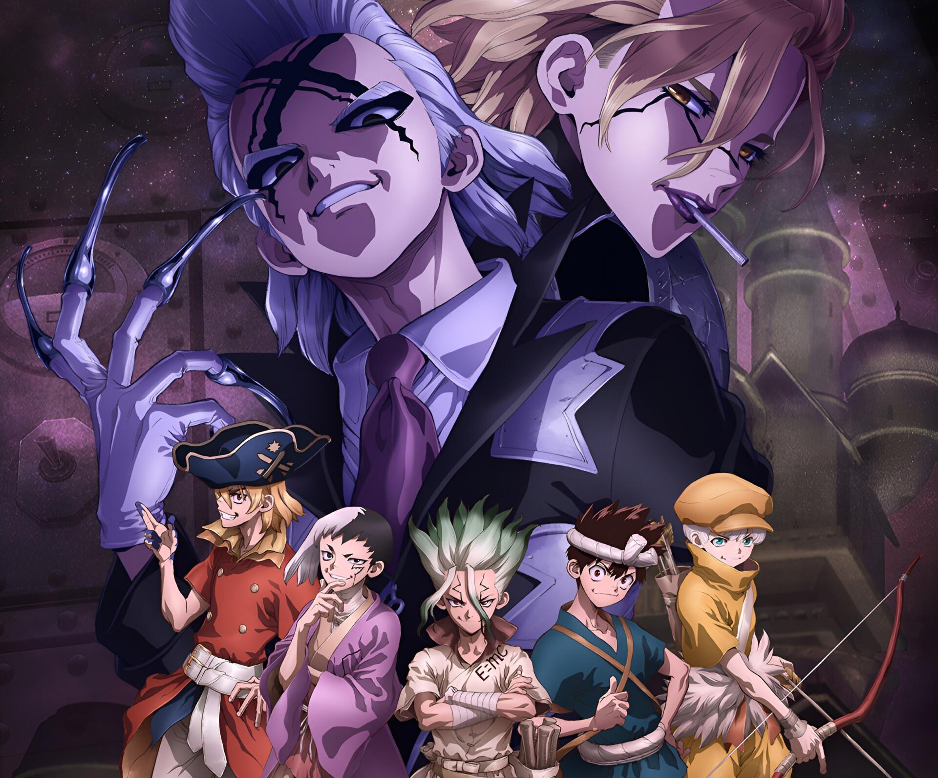 HD anime desktop wallpaper featuring characters from Dr. Stone, showcasing a dark, dramatic background with key figures in dynamic poses.