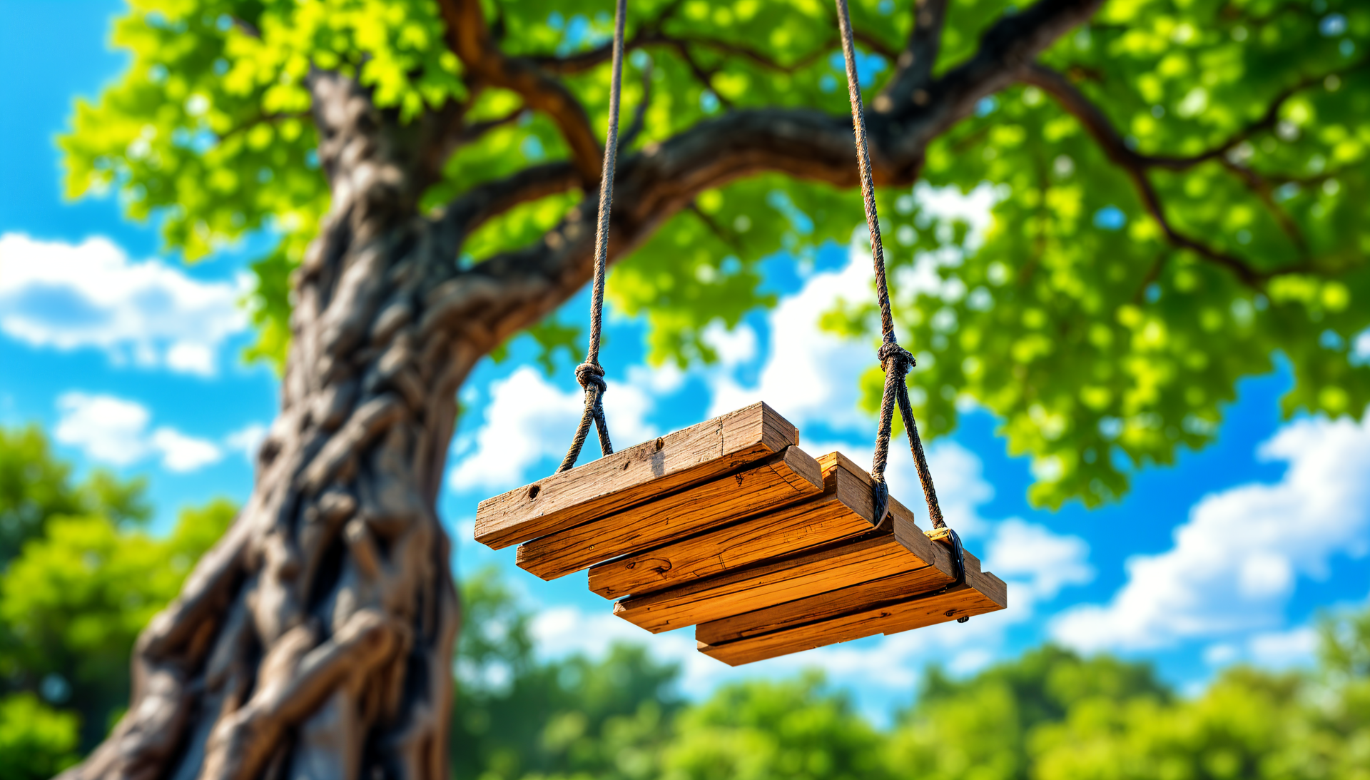 A wooden tree swing hangs from a vibrant green tree under a bright blue sky, captured in stunning 4K Ultra HD resolution for a captivating desktop wallpaper.