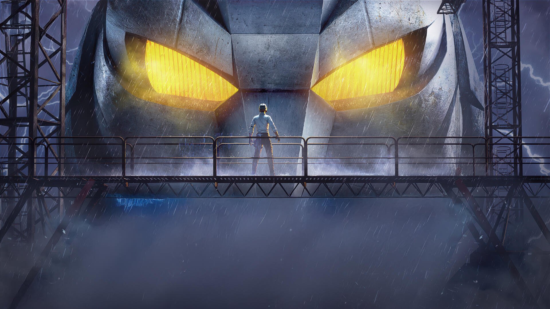 A dramatic 4K Ultra HD wallpaper featuring a lone player standing before a massive, menacing face in a futuristic setting inspired by Playerunknown's Battlegrounds.