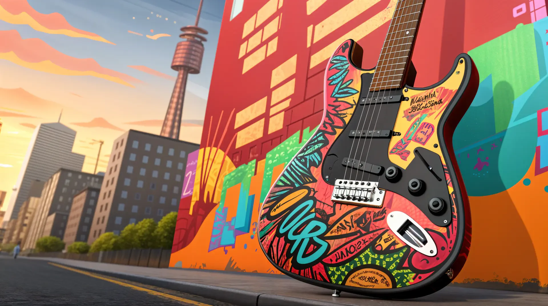 A vibrant electric guitar stands against a colorful urban mural, showcasing an artistic backdrop of buildings and a tower, all in stunning 4K Ultra HD resolution.
