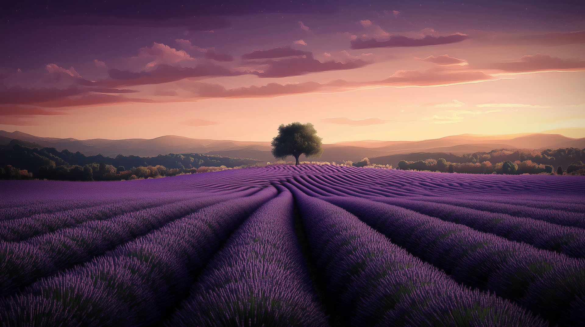 A serene lavender field stretches under a subtle sunset sky, with gentle hills in the background and a solitary tree rising amidst the vibrant purple hues, creating a captivating nature landscape.