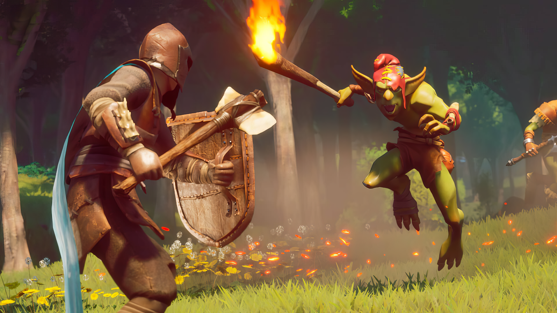 A vibrant HD wallpaper from RuneScape: Dragonwilds, depicting a warrior with a shield facing off against a goblin wielding a flaming torch in a dynamic forest setting.