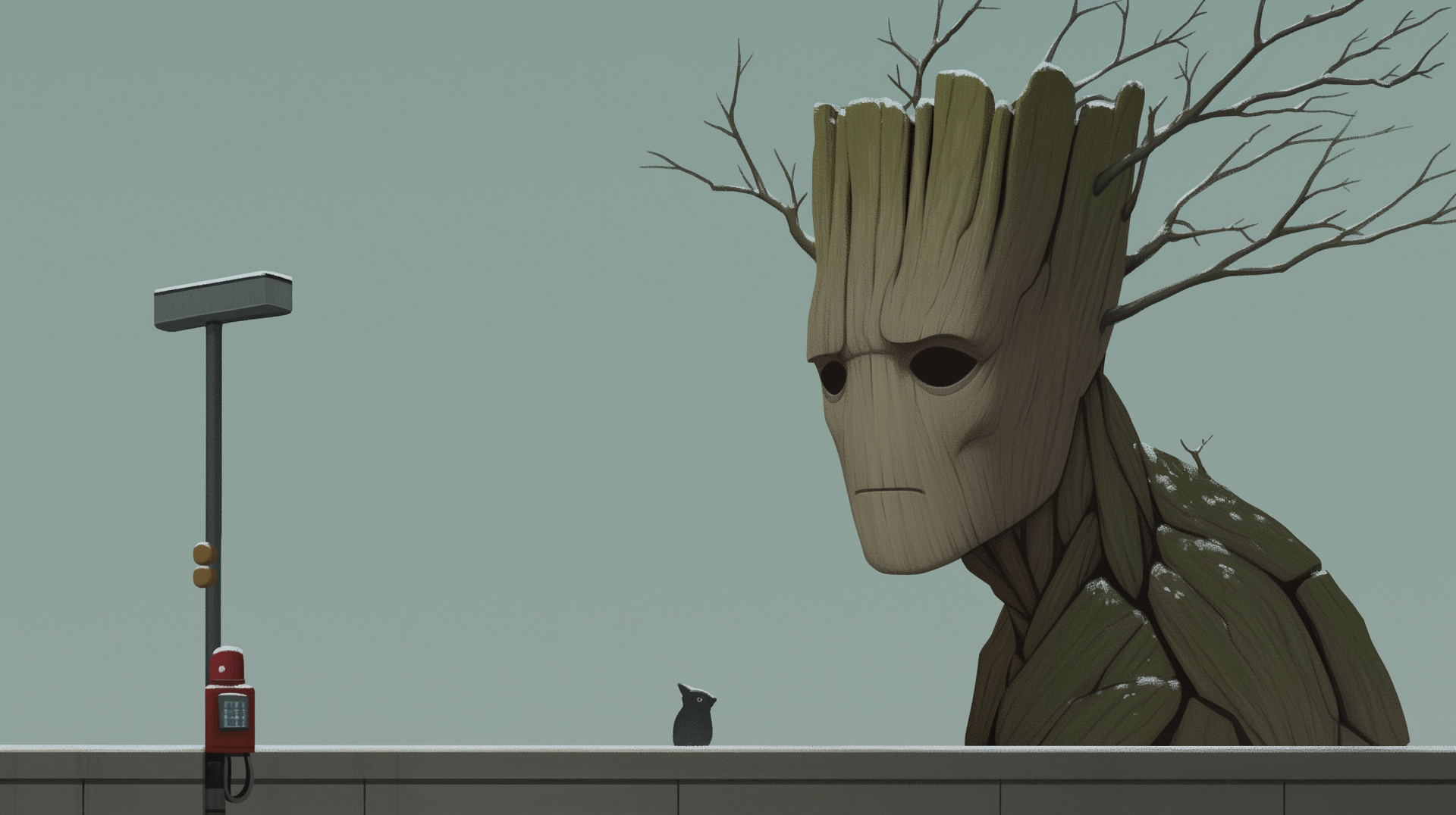 A melancholic Groot stands tall against a muted background, with bare branches extending from his head, evoking a sense of sadness in this HD PC desktop wallpaper.