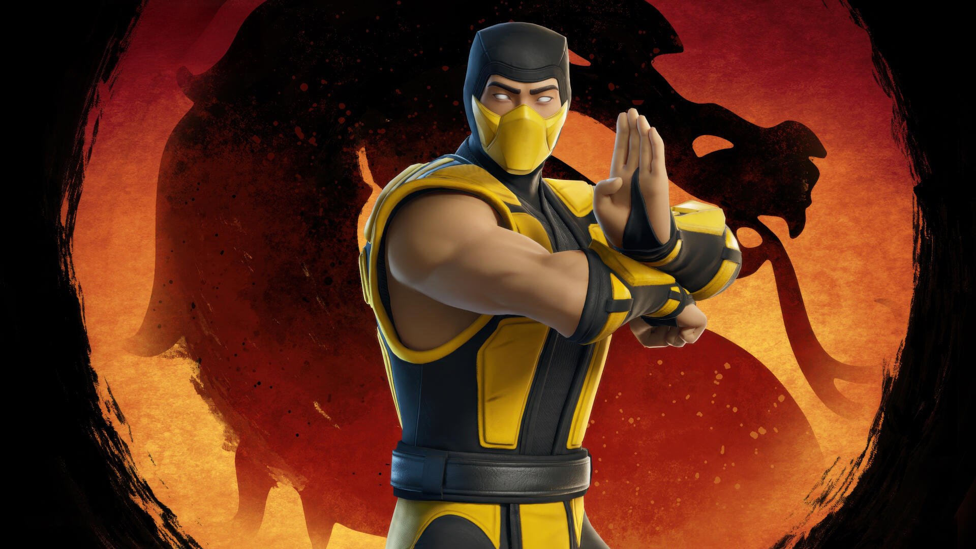 4K Ultra HD Fortnite Battle Royale wallpaper featuring Scorpion from Mortal Kombat in his iconic yellow and black outfit with a fiery background.