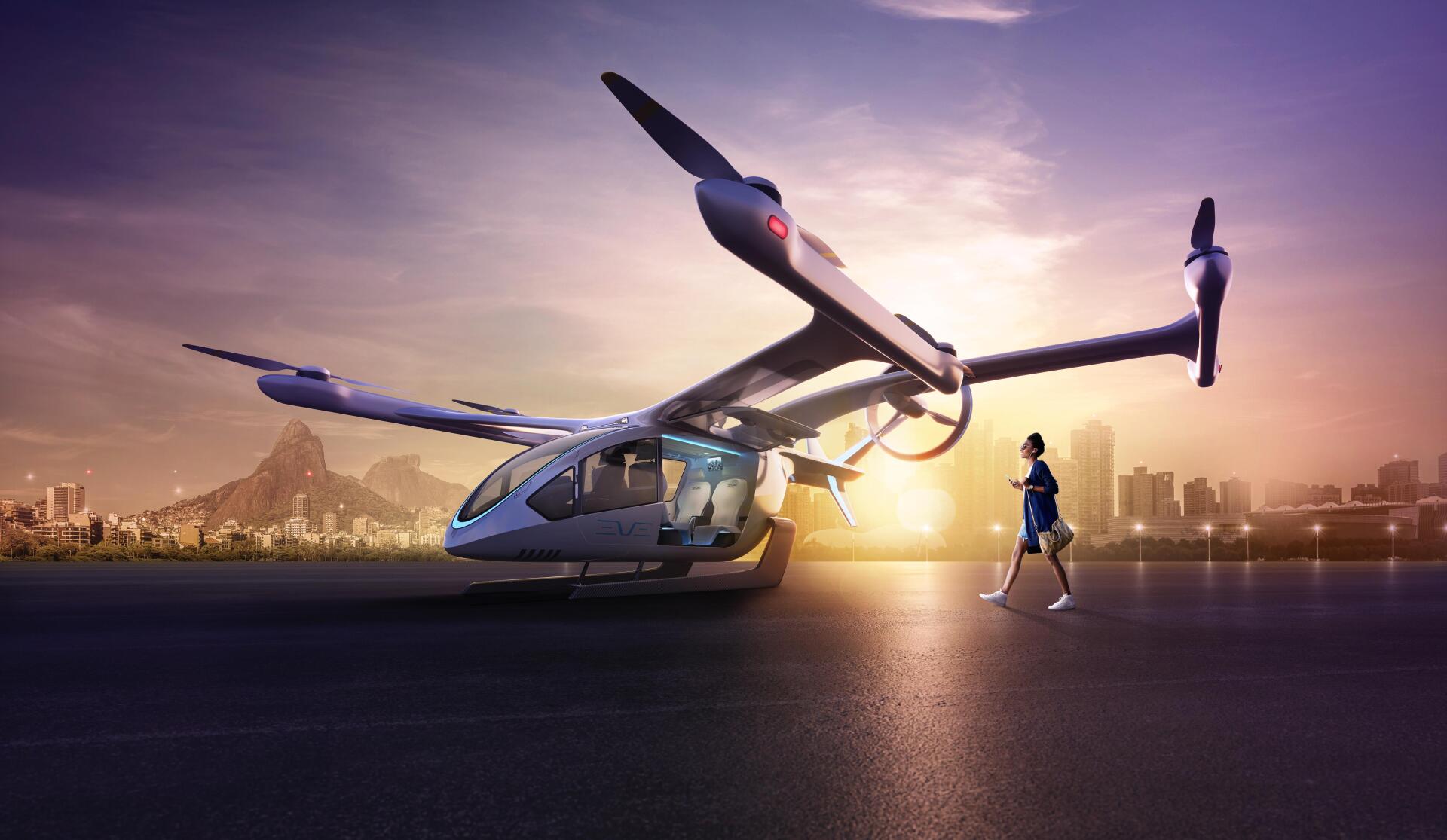 4K Ultra HD desktop wallpaper featuring a futuristic eVTOL aircraft (Flying Taxi) on a runway at sunset with a person walking nearby and a city skyline in the background.
