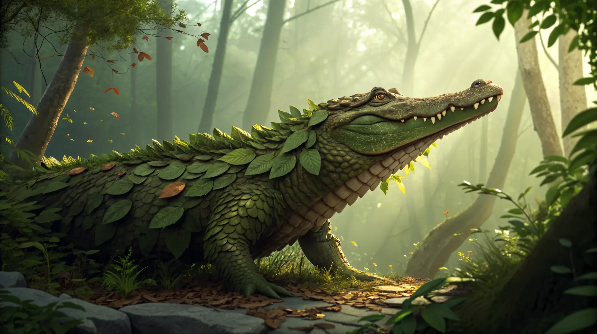 A detailed alligator covered in leaves rests in a sunlit forest, showcasing vibrant greenery and a serene atmosphere. This stunning 4K Ultra HD image serves as a captivating PC desktop wallpaper.