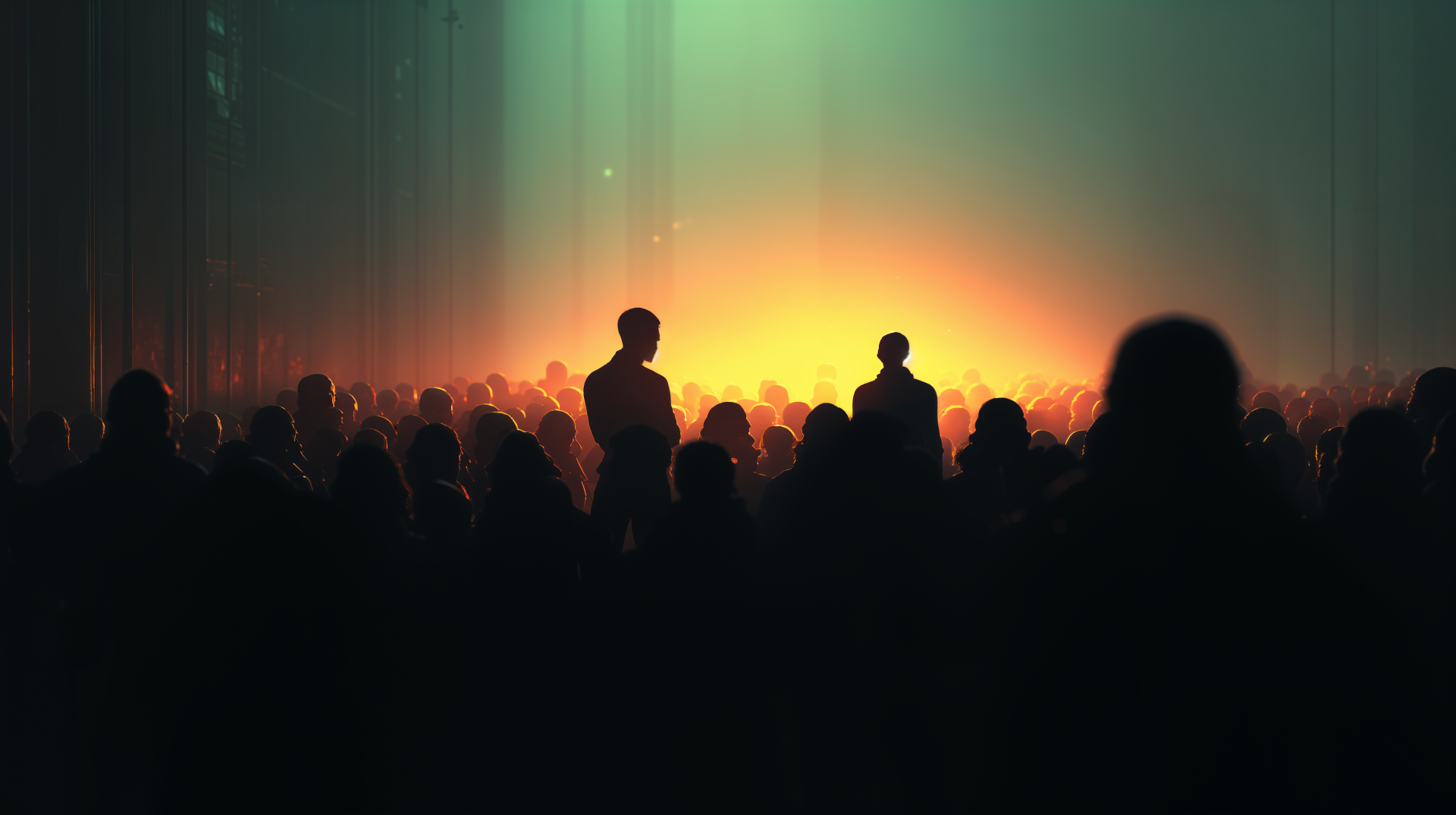 Silhouetted crowd stands closely together with a glowing light in the background, creating a striking 4K Ultra HD desktop wallpaper capturing the theme of following the crowd.