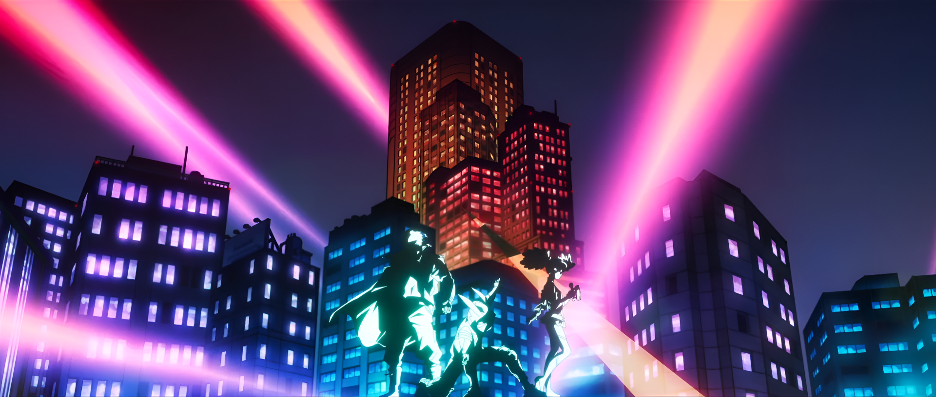 Anime 2K Quad HD PC wallpaper from My Hero Academia: Vigilantes — glowing vigilante figures leap before neon-lit skyscrapers under pink searchlights.