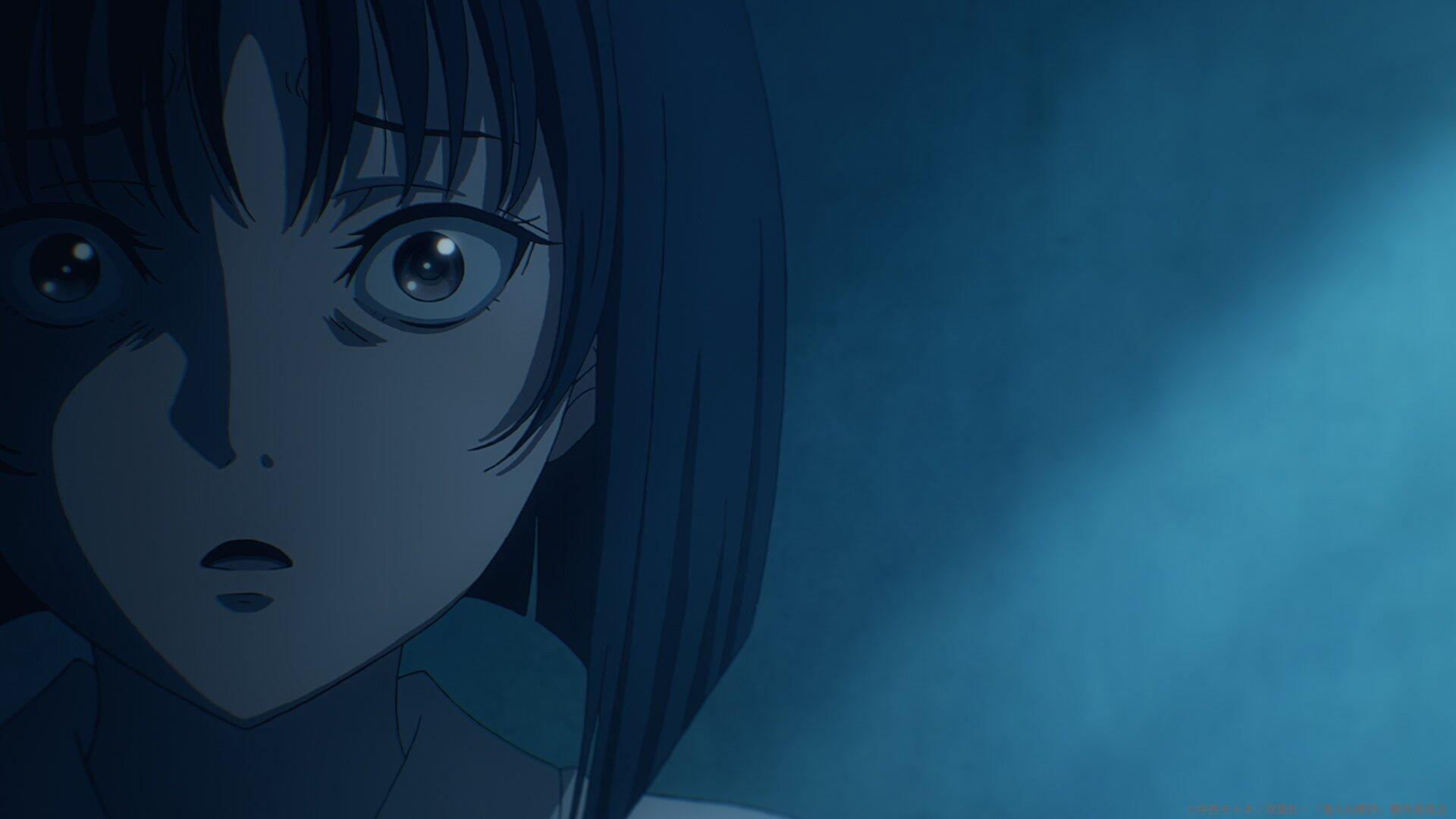 A close-up of a girl with wide eyes, illuminated by soft blue light, from the anime Kijin Gentōshō, making for an engaging HD PC desktop wallpaper and background.