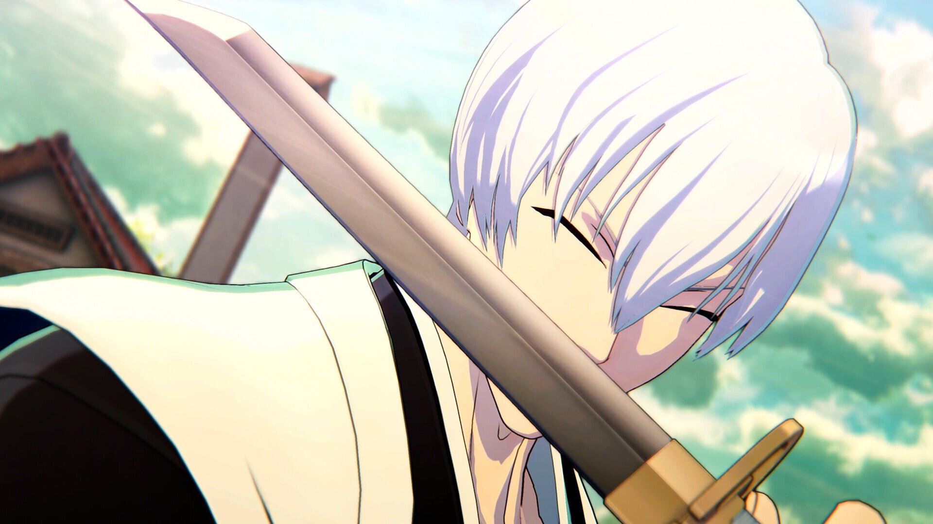A character from Bleach: Rebirth of Souls with white hair holds a sword close to his face, set against a vibrant sky background. HD PC desktop wallpaper design.