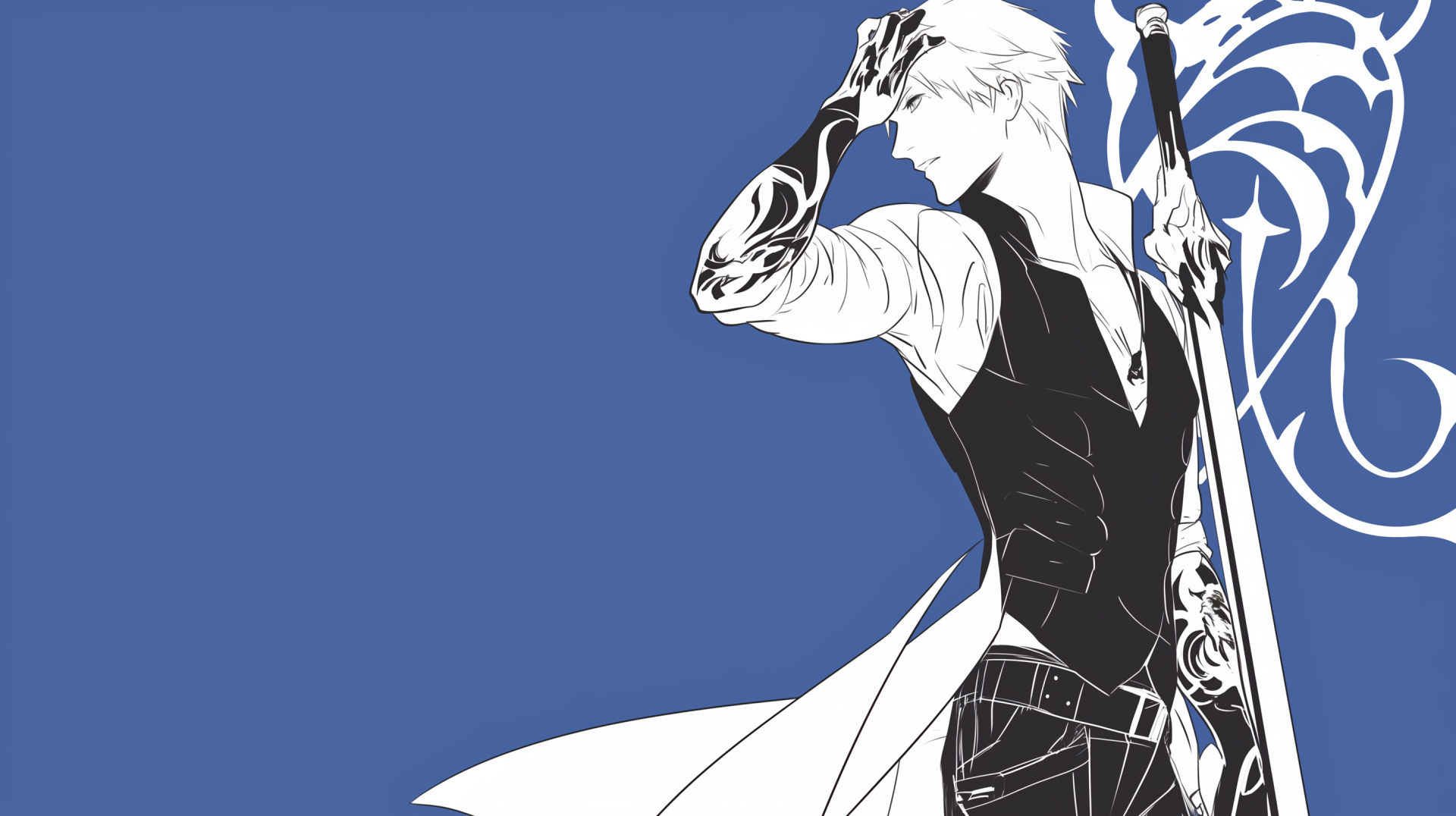 Dante from Devil May Cry stands confidently in this HD PC desktop wallpaper, showcasing his iconic look against a stylized blue background. A dynamic representation of the video game character.