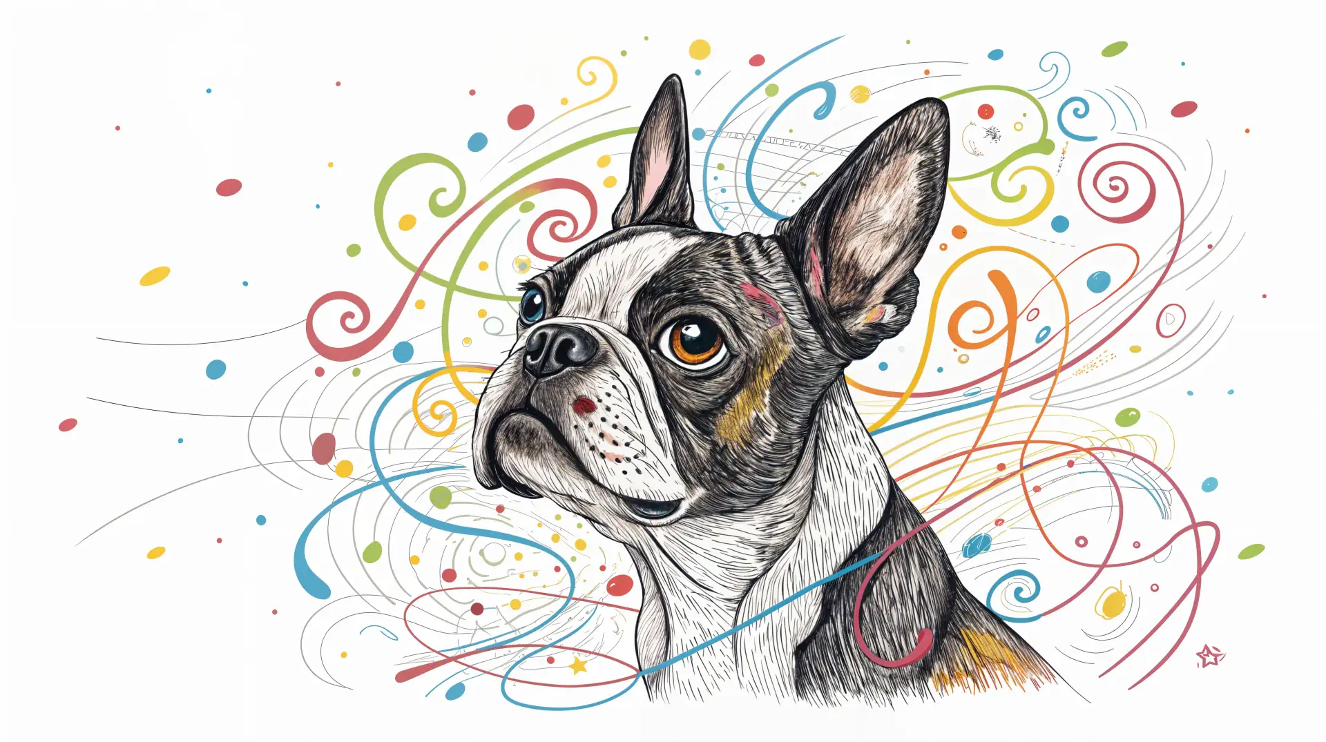 A vibrant illustration of a Boston Terrier with expressive eyes, surrounded by colorful swirls and patterns, designed as a 4K Ultra HD desktop wallpaper.