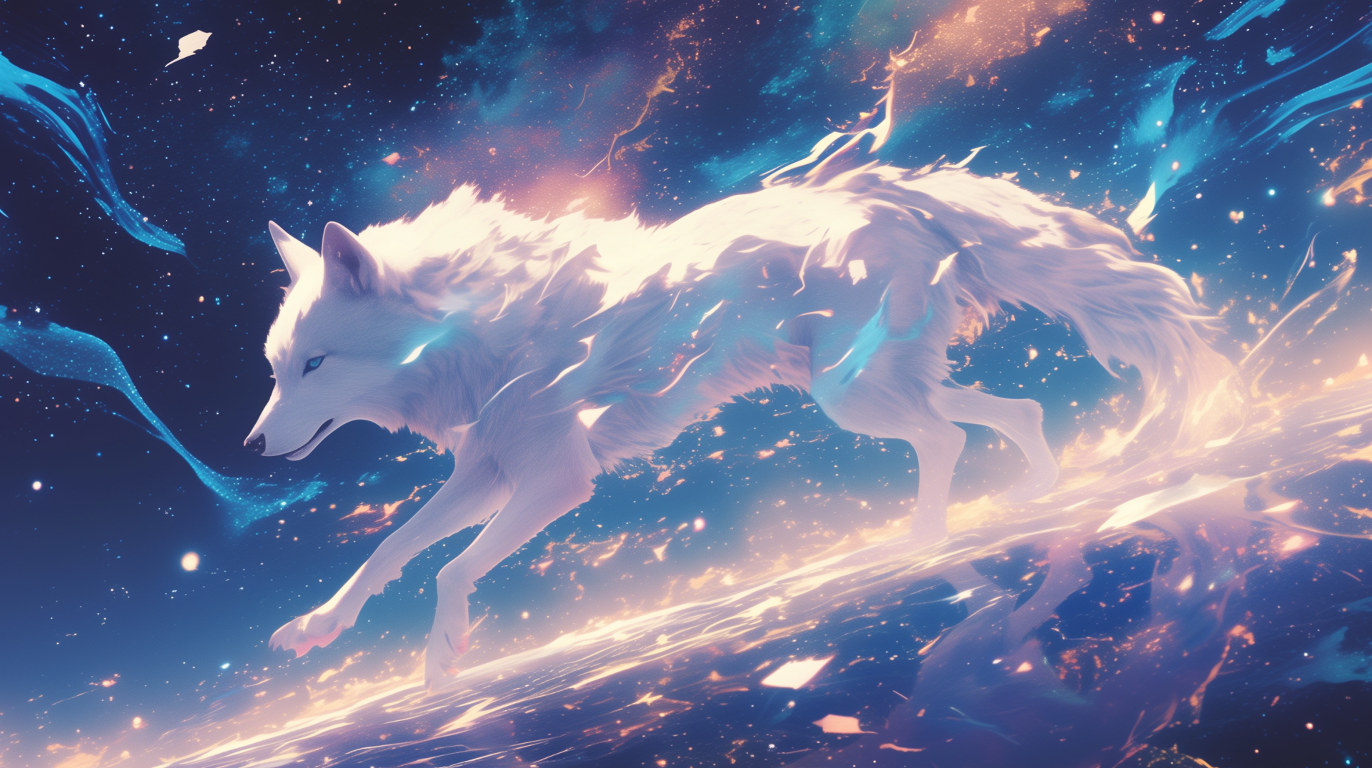 Anime-style fantasy white wolf depicted running through a cosmic, star-filled background, designed as an HD PC desktop wallpaper and background.