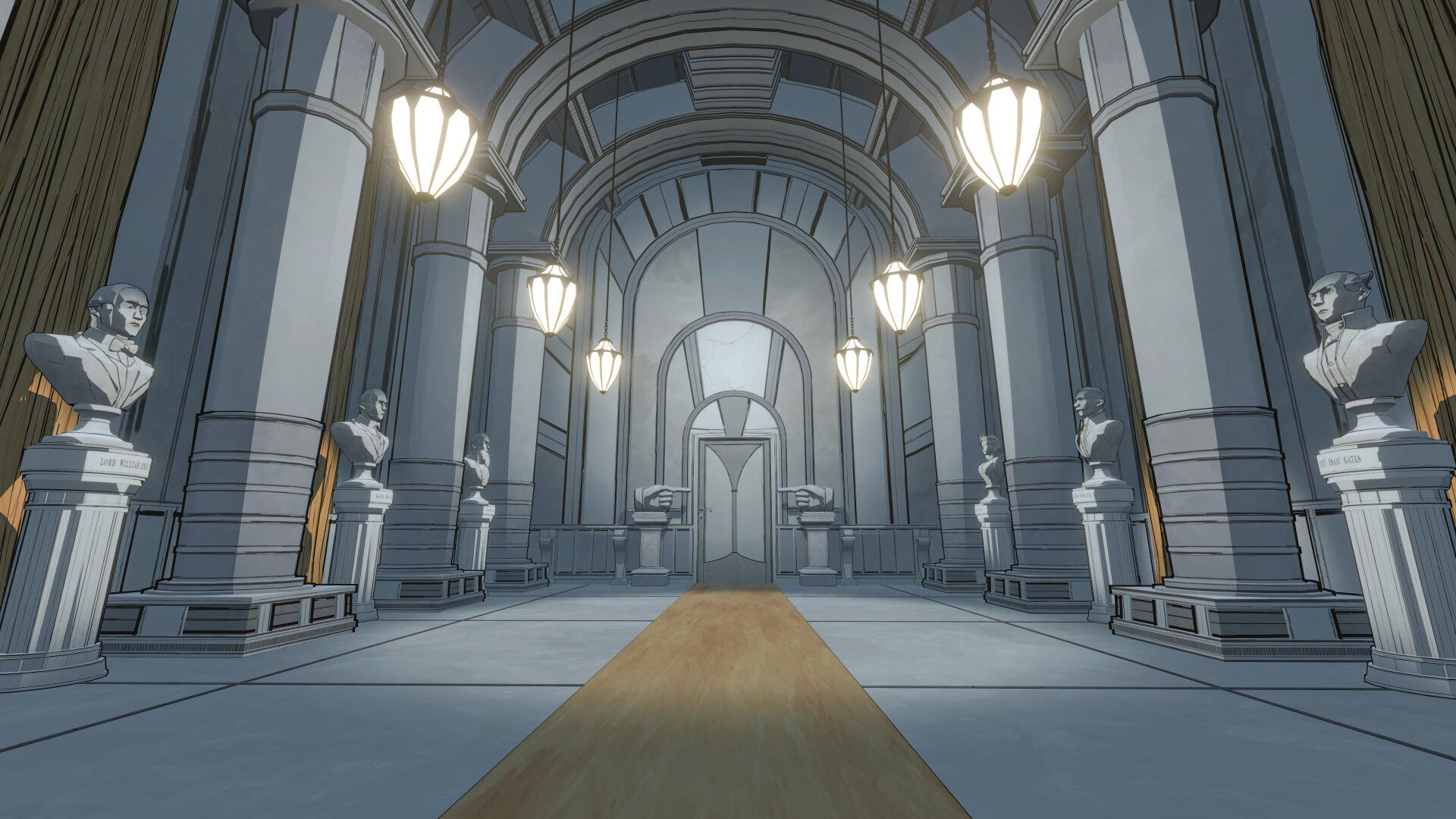 A stunning 4K Ultra HD wallpaper featuring a grand, hollow space adorned with ornate columns, elegant lighting, and statues, inspired by the video game Blue Prince.