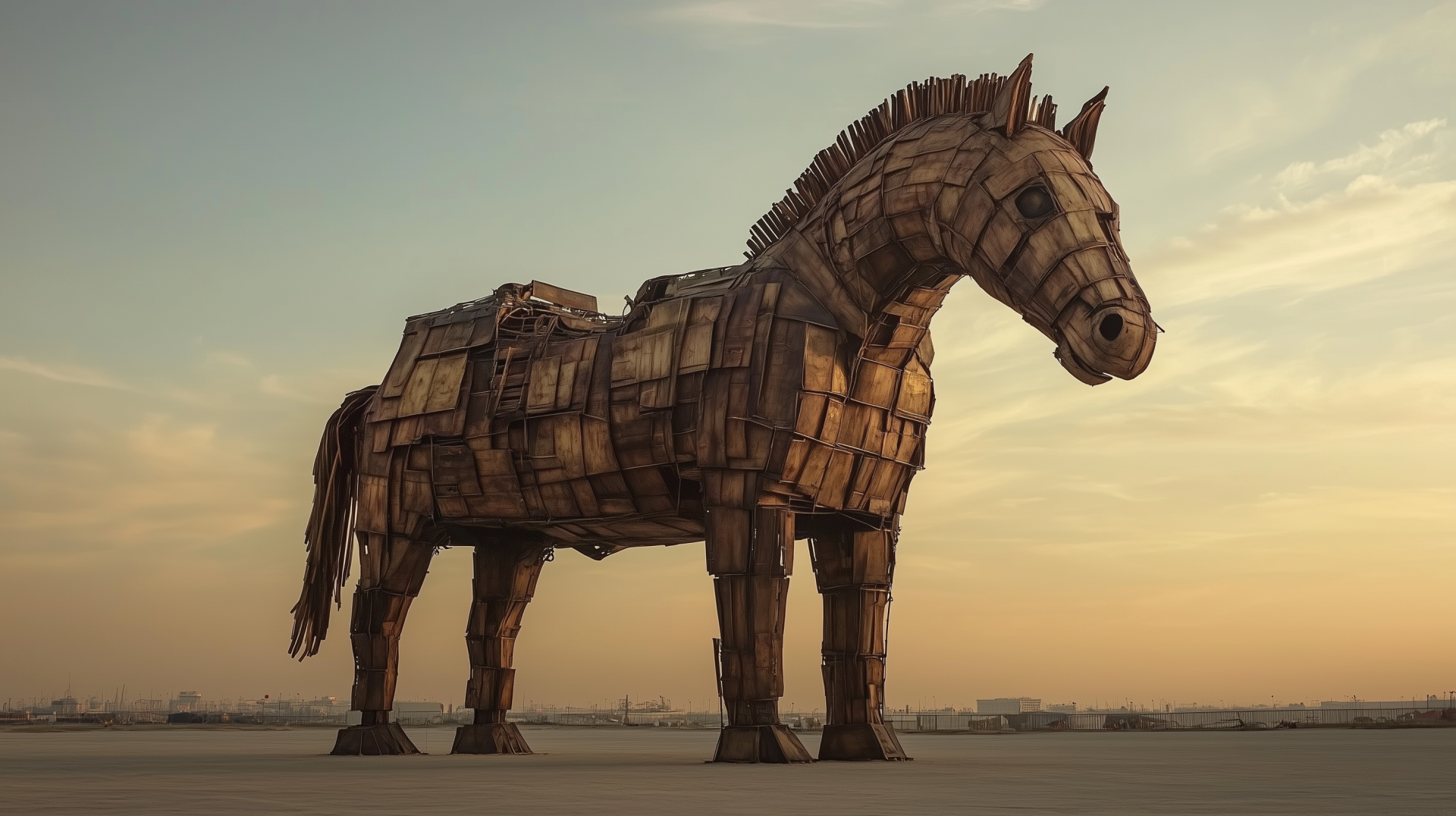A detailed depiction of a Trojan Horse, crafted from wood, set against a dramatic sky. This striking image serves as an HD PC desktop wallpaper and background.