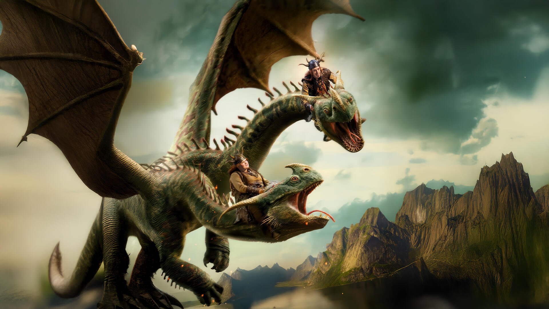 4K Ultra HD desktop wallpaper featuring characters riding dragons from How to Train Your Dragon (2025) against a dramatic mountainous landscape.