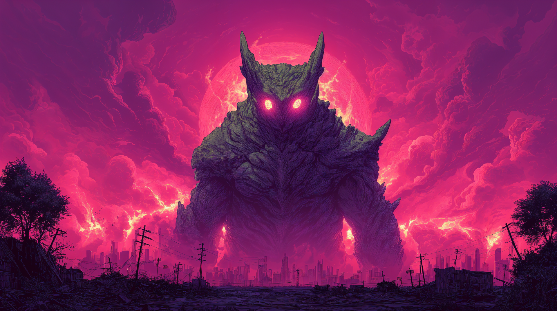 A giant monster looms against a dramatic pink and purple sky, casting an imposing shadow over a desolate landscape. This vivid artwork captures the essence of fantasy.