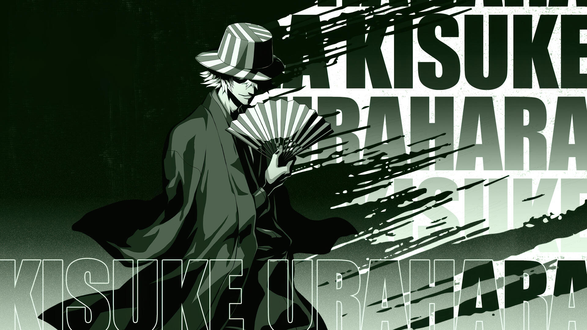 4K Ultra HD desktop wallpaper featuring Kisuke Urahara from Bleach, depicted in a dark, stylized design with bold text of his name in the background.