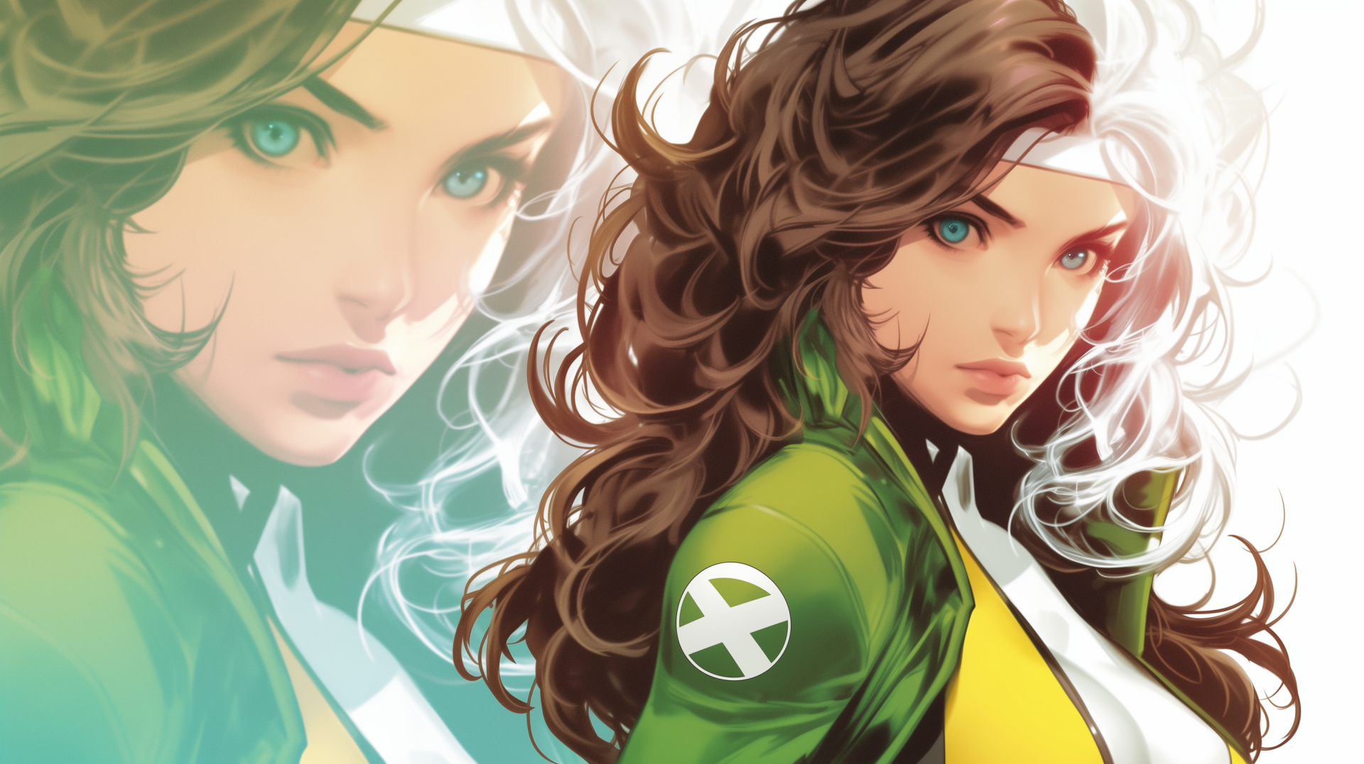 A vibrant HD wallpaper featuring Rogue from X-Men, showcasing her iconic green jacket and striking green eyes, capturing the essence of this powerful Marvel character.