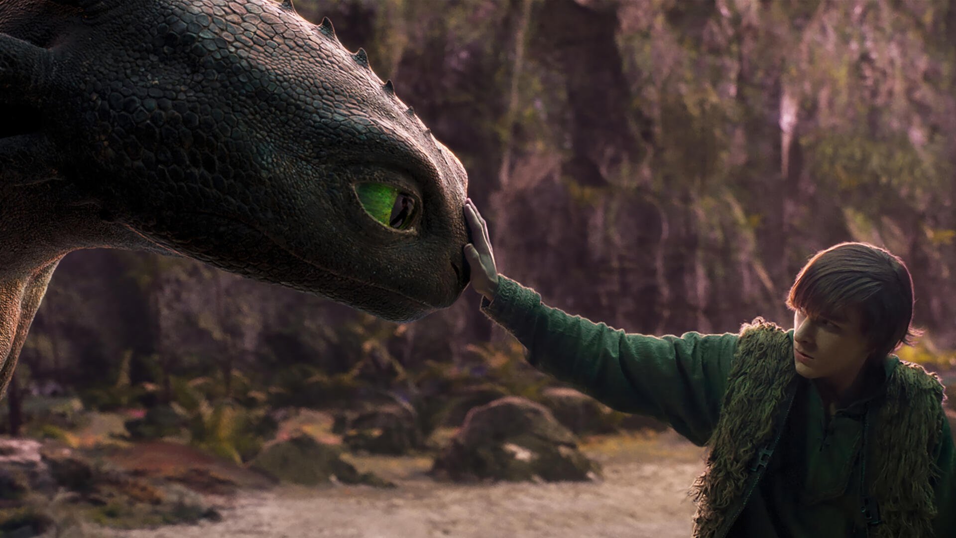 A scene from *How to Train Your Dragon (2025)* featuring a young man gently touching the nose of a dragon, set against a mystical landscape. This 4K Ultra HD wallpaper captures a moment of connection.