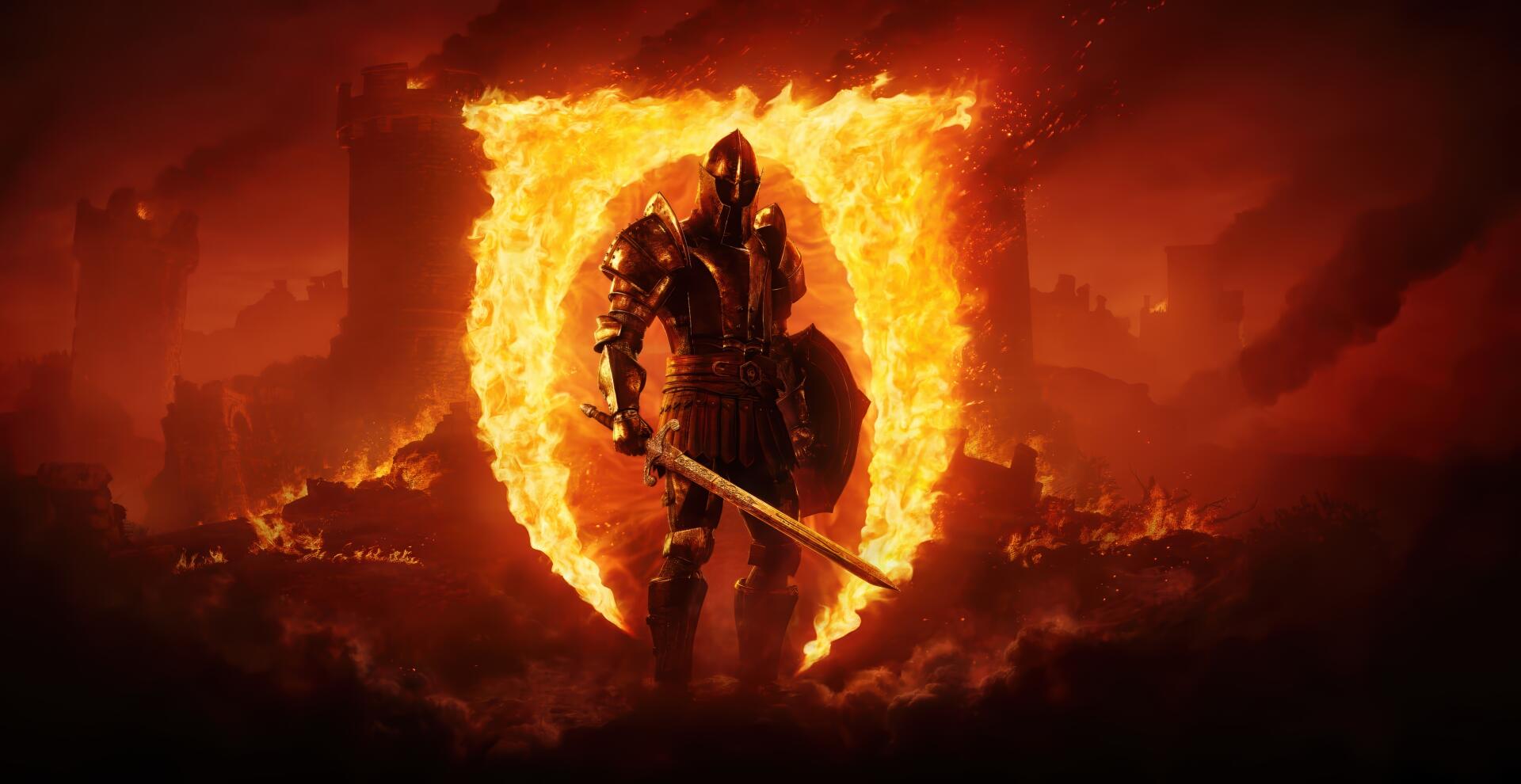 A fierce warrior stands in illuminated armor amidst flames, embodying strength and valor in a scene inspired by The Elder Scrolls IV: Oblivion. A striking HD wallpaper.
