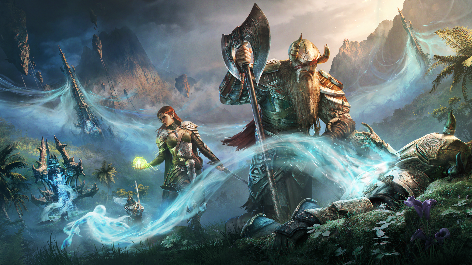 A striking HD wallpaper from The Elder Scrolls Online, featuring a Viking warrior wielding an axe alongside a mage, set against a fantasy landscape filled with mystical elements.