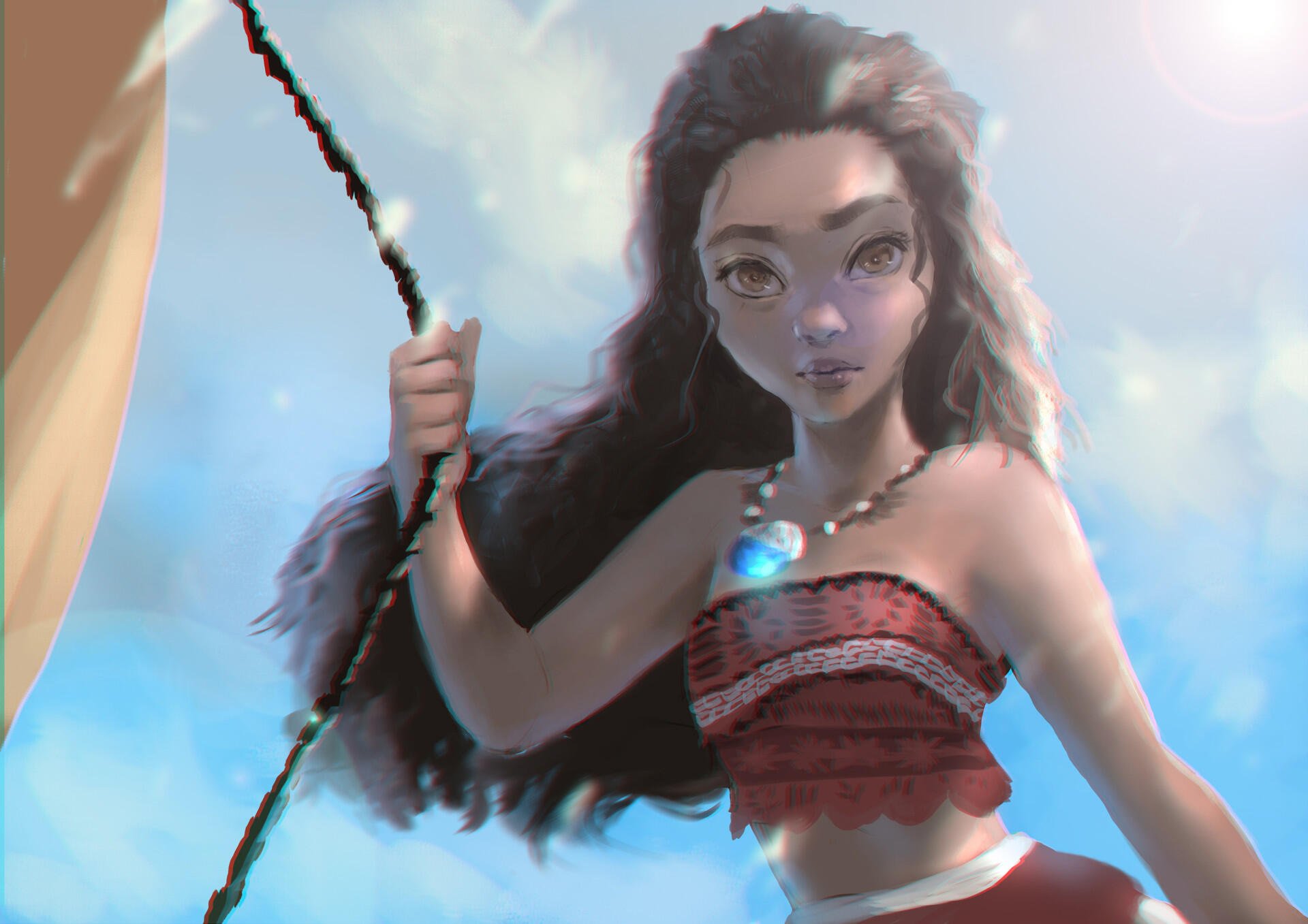 A vibrant HD desktop wallpaper featuring Moana Waialiki from the movie Moana, showcasing her determined expression and signature outfit against a bright, scenic background.