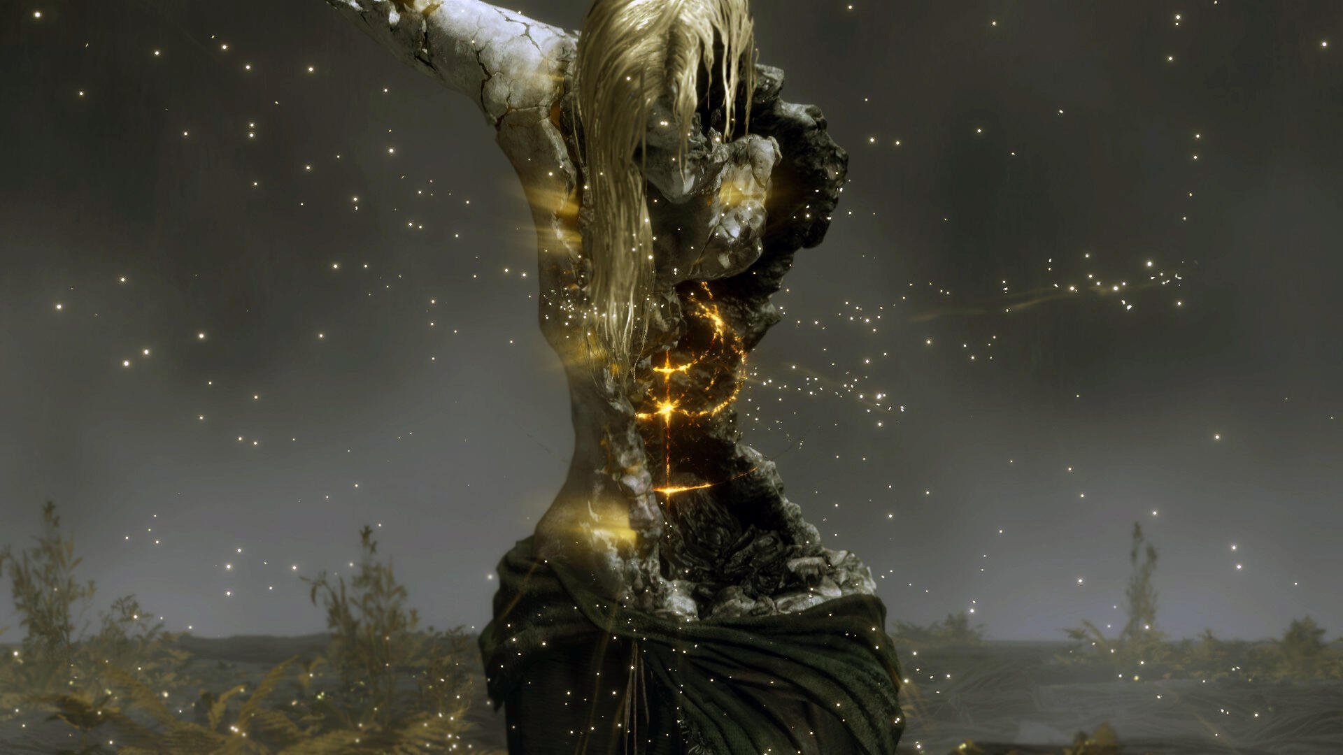 A stunning HD wallpaper featuring Queen Marika the Eternal from the video game Elden Ring, surrounded by ethereal sparkles in a mysterious landscape.