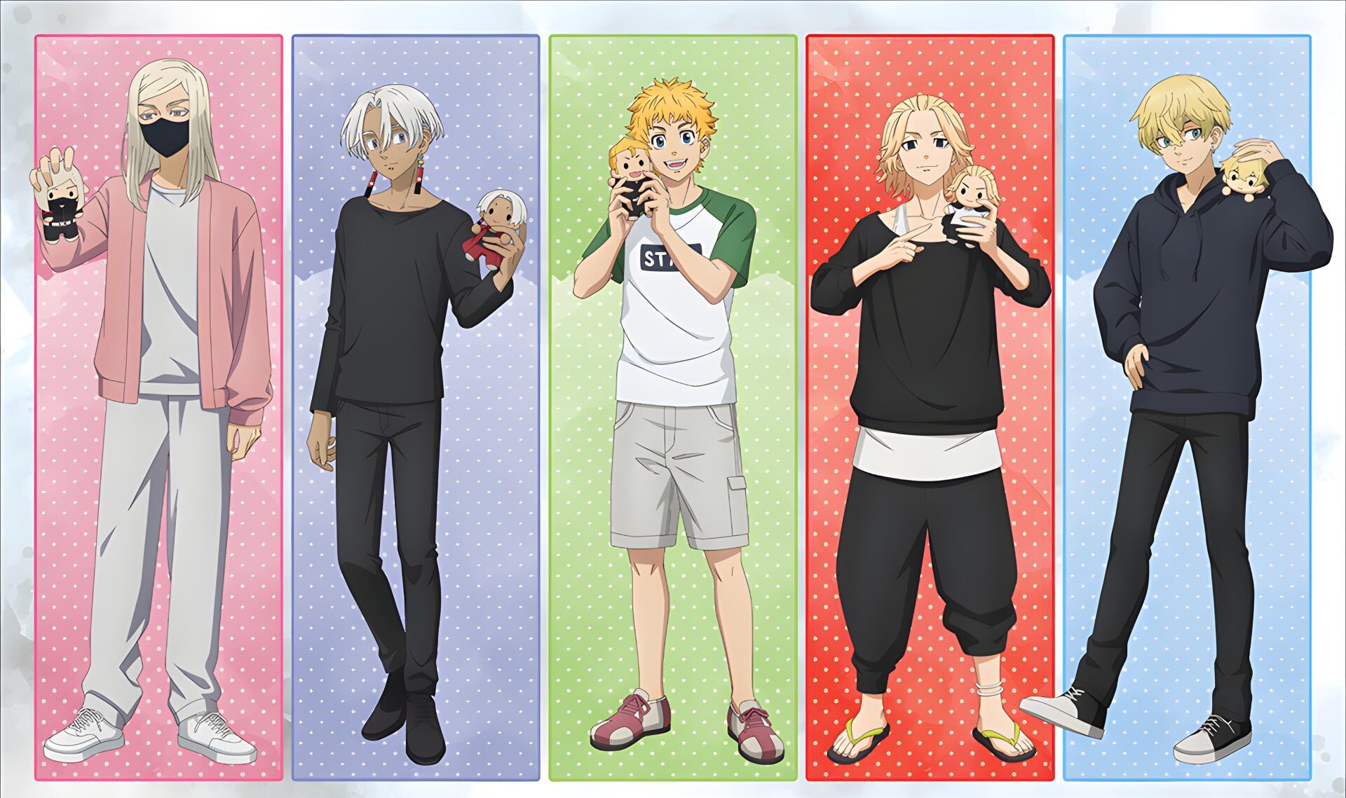 Anime-style 4K Ultra HD Tokyo Revengers wallpaper featuring five characters standing against pastel-colored vertical panels.