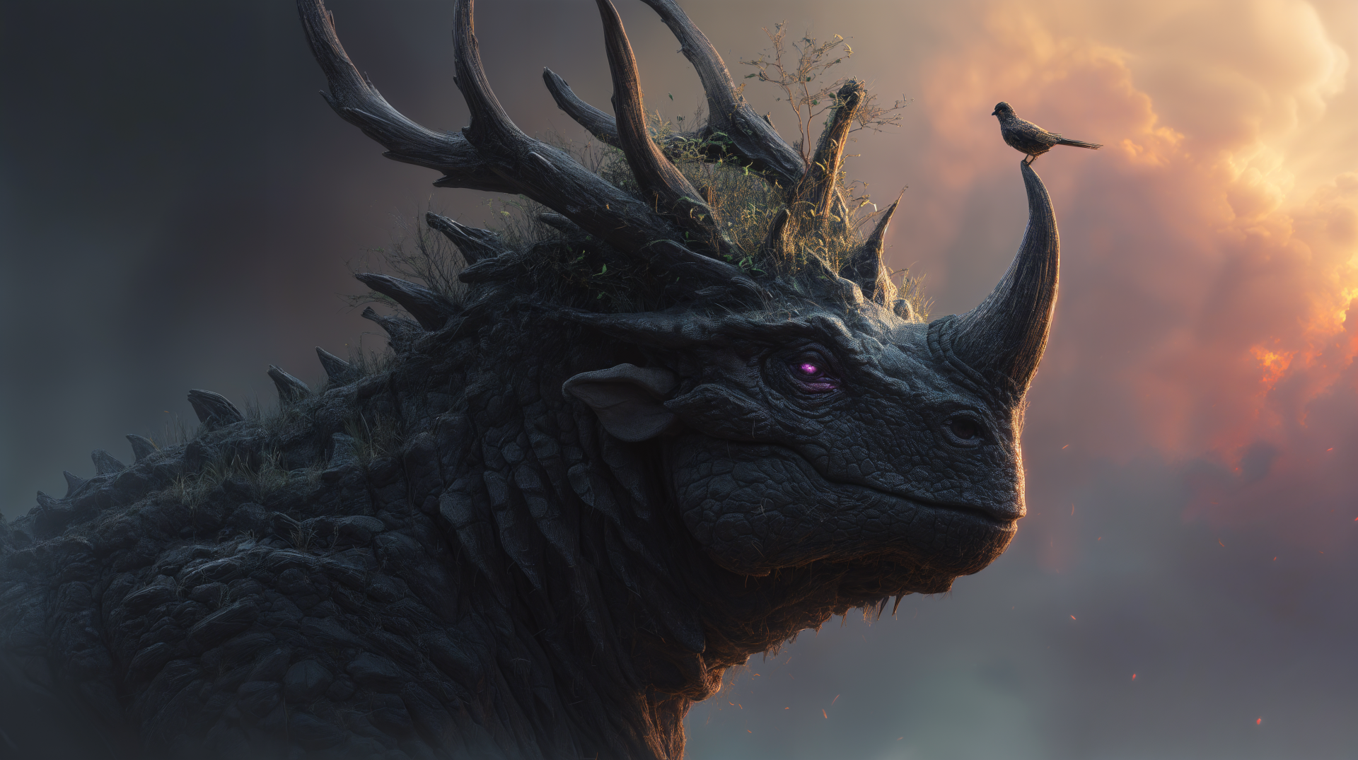 A majestic dragon with antler-like horns and a bird perched on its head, set against a dramatic sky. This 4K Ultra HD wallpaper brings fantasy to life.