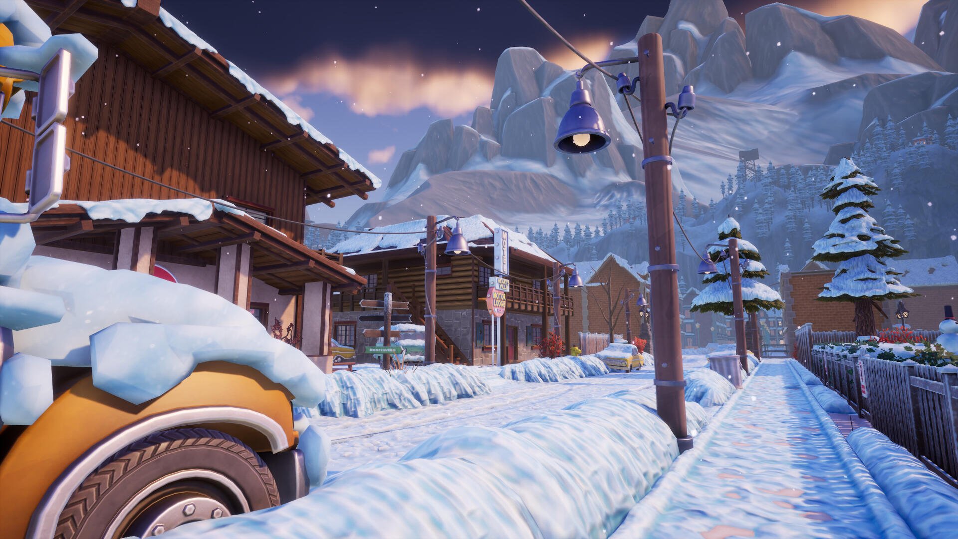 A serene winter scene from the video game Neighbors: Suburban Warfare, showcasing snow-covered houses and a quiet street under a mountainous backdrop in vibrant 4K Ultra HD.
