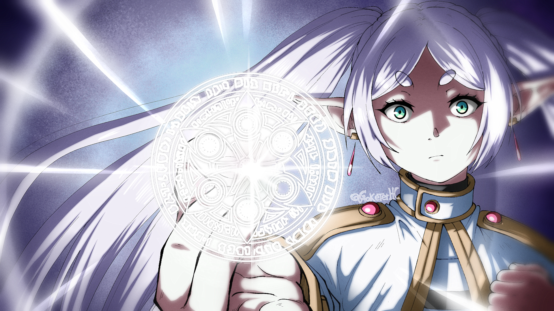 An HD desktop wallpaper featuring a character from Frieren: Beyond Journey's End. The image shows a white-haired figure with striking green eyes, conjuring a magical symbol.