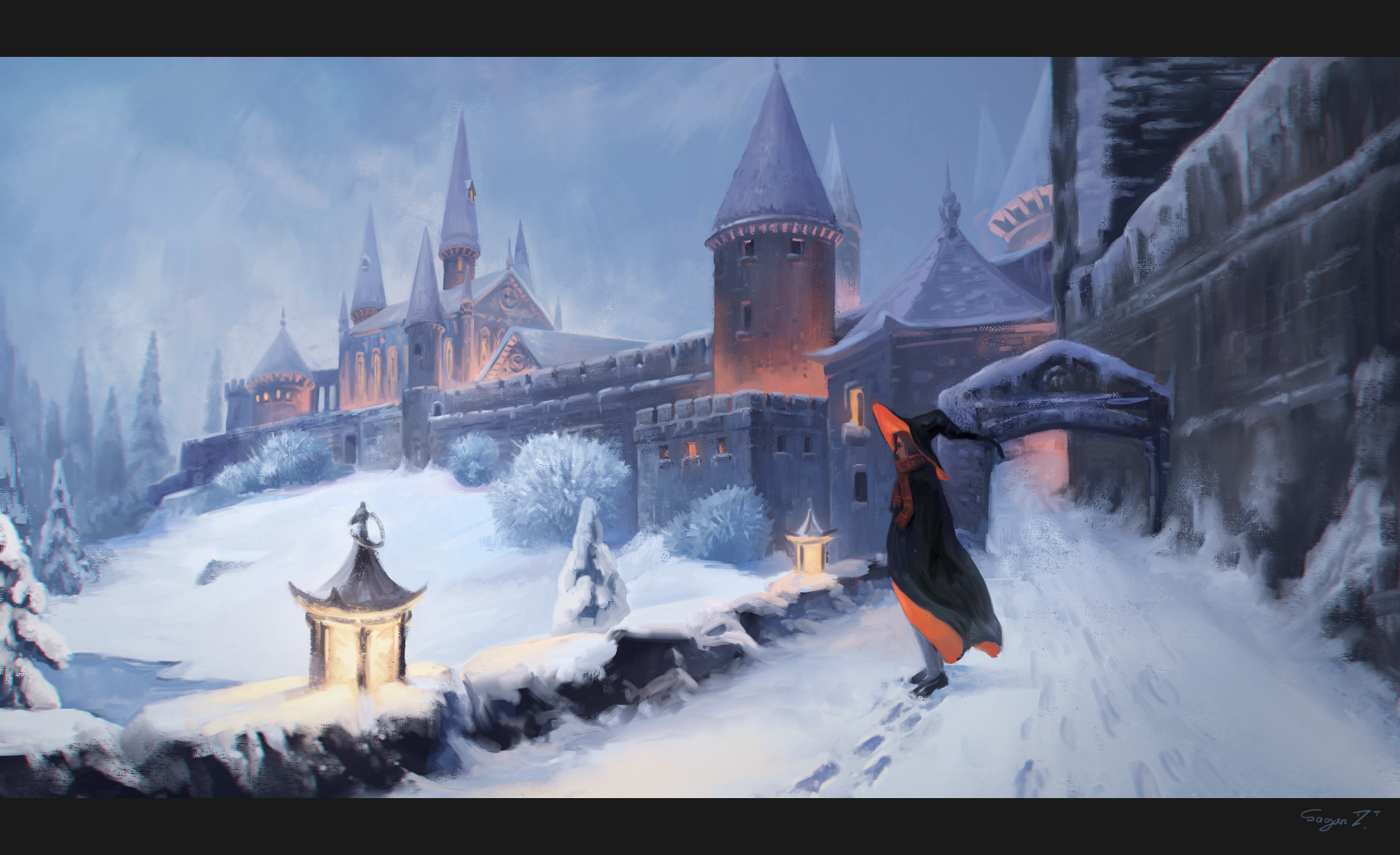 A wizard in a flowing robe walks through a snowy landscape towards a majestic castle, surrounded by a winter wonderland and softly glowing lanterns.