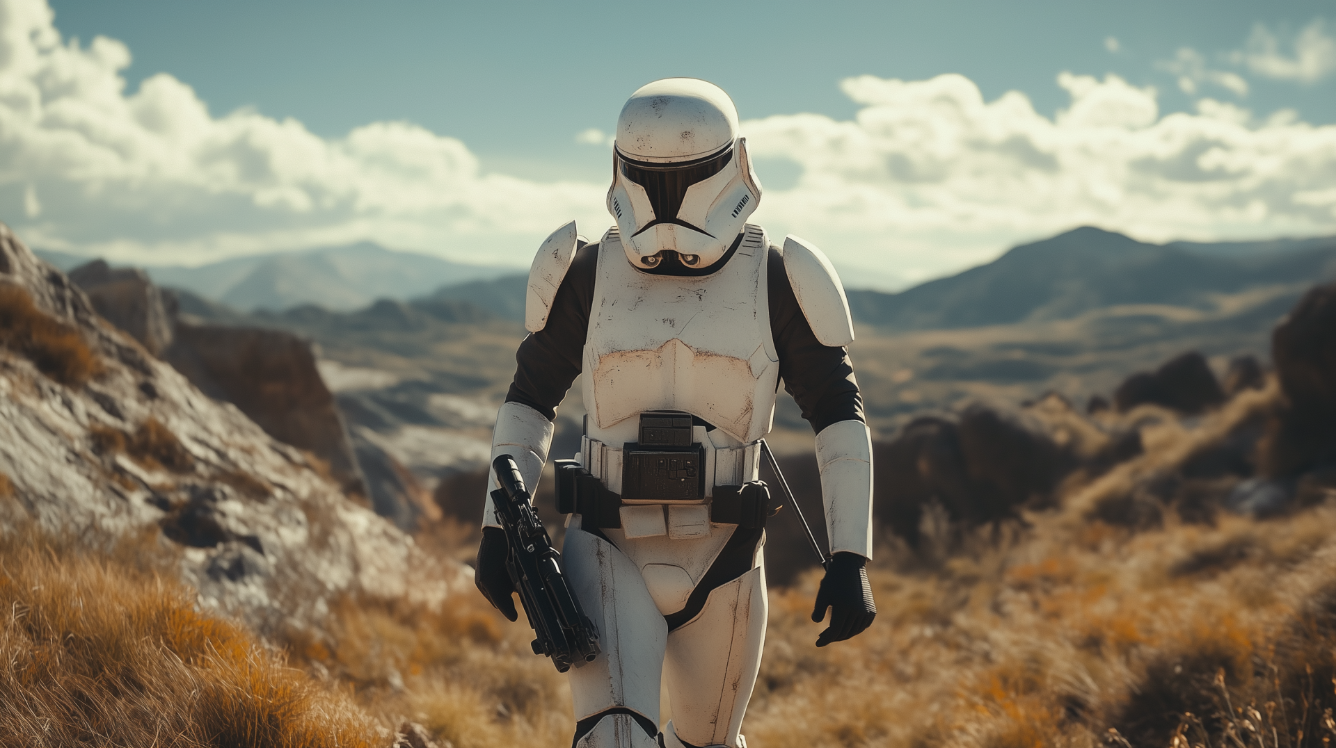 HD PC desktop wallpaper featuring a Star Wars scout trooper walking through a rugged desert landscape under a cloudy sky.