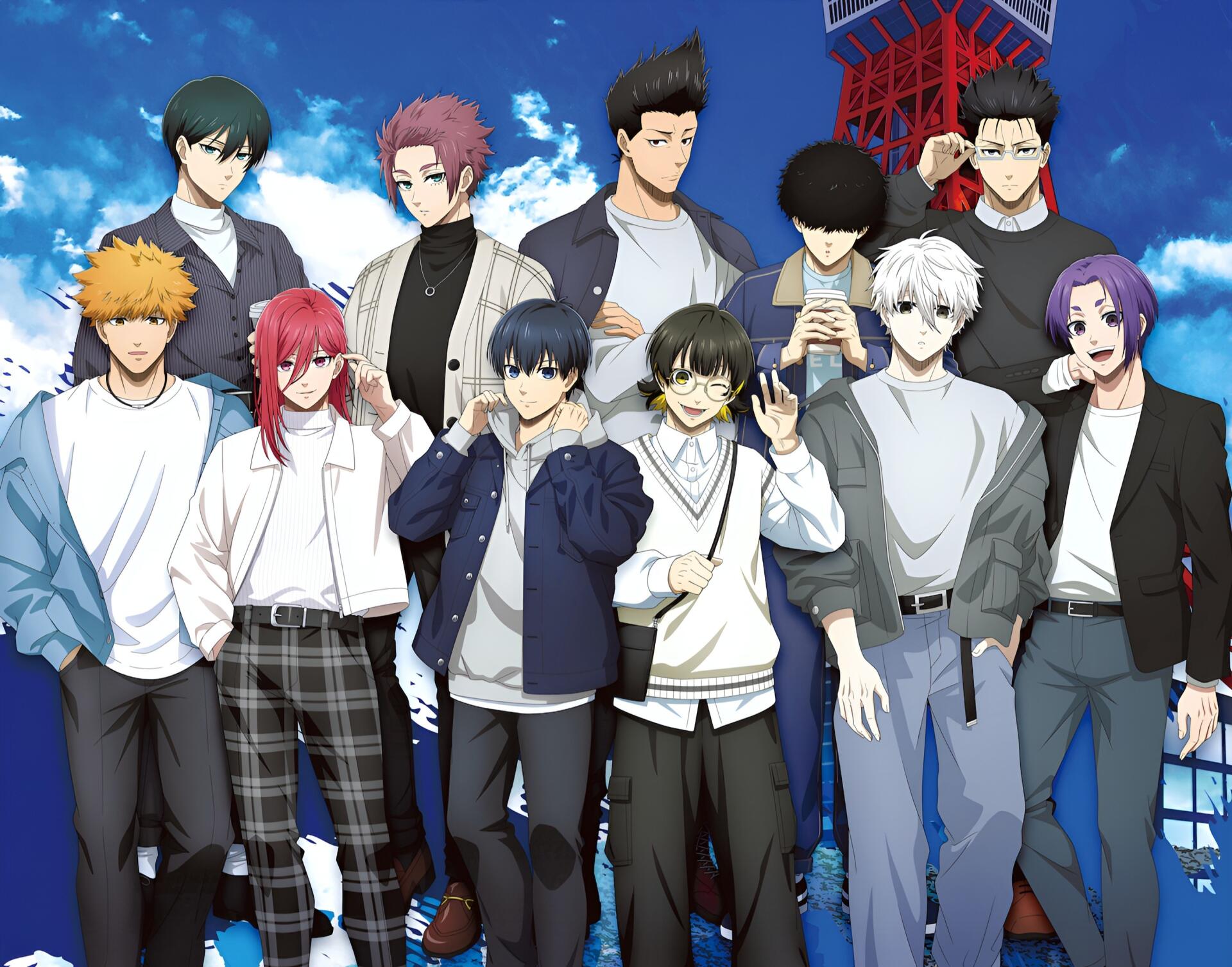 Anime Blue Lock 2K Quad HD PC desktop wallpaper and background: a dozen Blue Lock characters in casual outfits posing together before a bright sky and stadium backdrop.