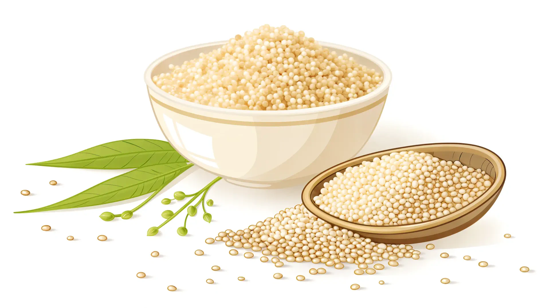 Close-up of quinoa grains in a bowl and wooden scoop with green leaves, presented as a vibrant 4K Ultra HD PC desktop wallpaper and background.