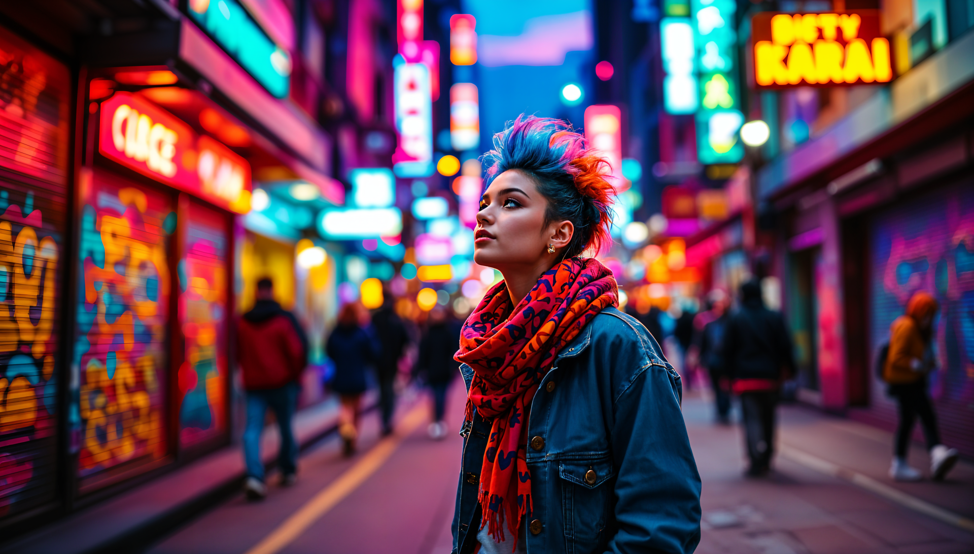 Vibrant street photography of a person with a colorful scarf and styled hair, captured in sharp 4K Ultra HD, set against a neon-lit urban backdrop at night.