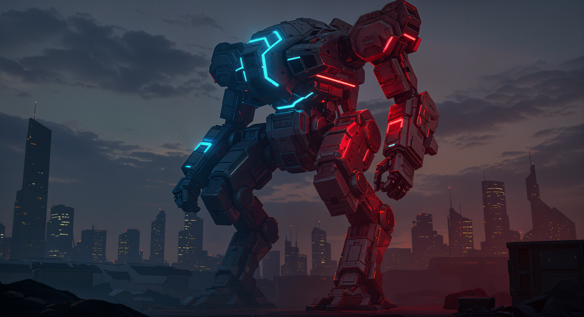 4K Ultra HD PC desktop wallpaper featuring a giant mech with glowing blue and red lights set against a dark city skyline at dusk.