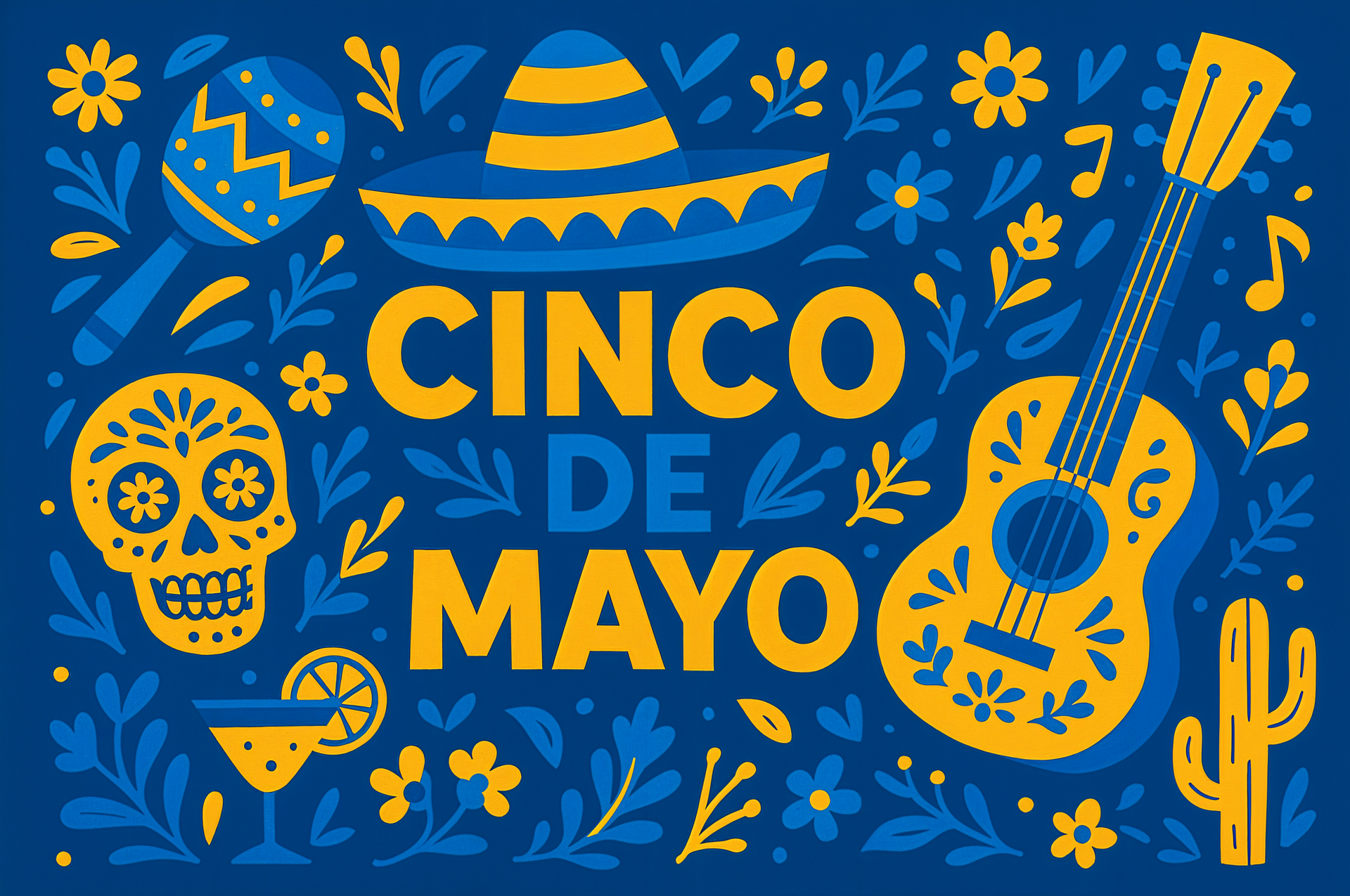 Colorful Cinco de Mayo 4K Ultra HD desktop wallpaper featuring a sombrero, guitar, sugar skull, maracas, cactus, and festive floral patterns on a vibrant blue background.