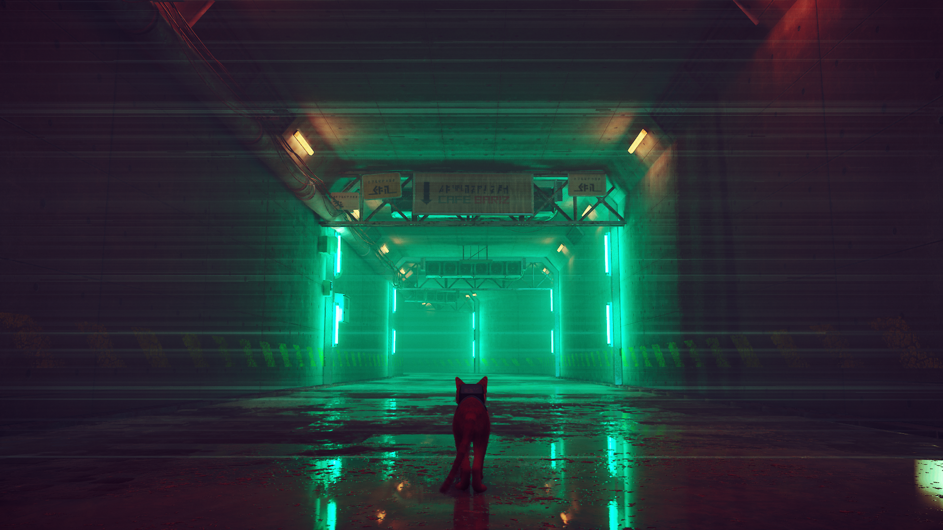 HD desktop wallpaper from the video game Stray featuring a glitch effect with a silhouetted cat standing in a neon-lit tunnel.