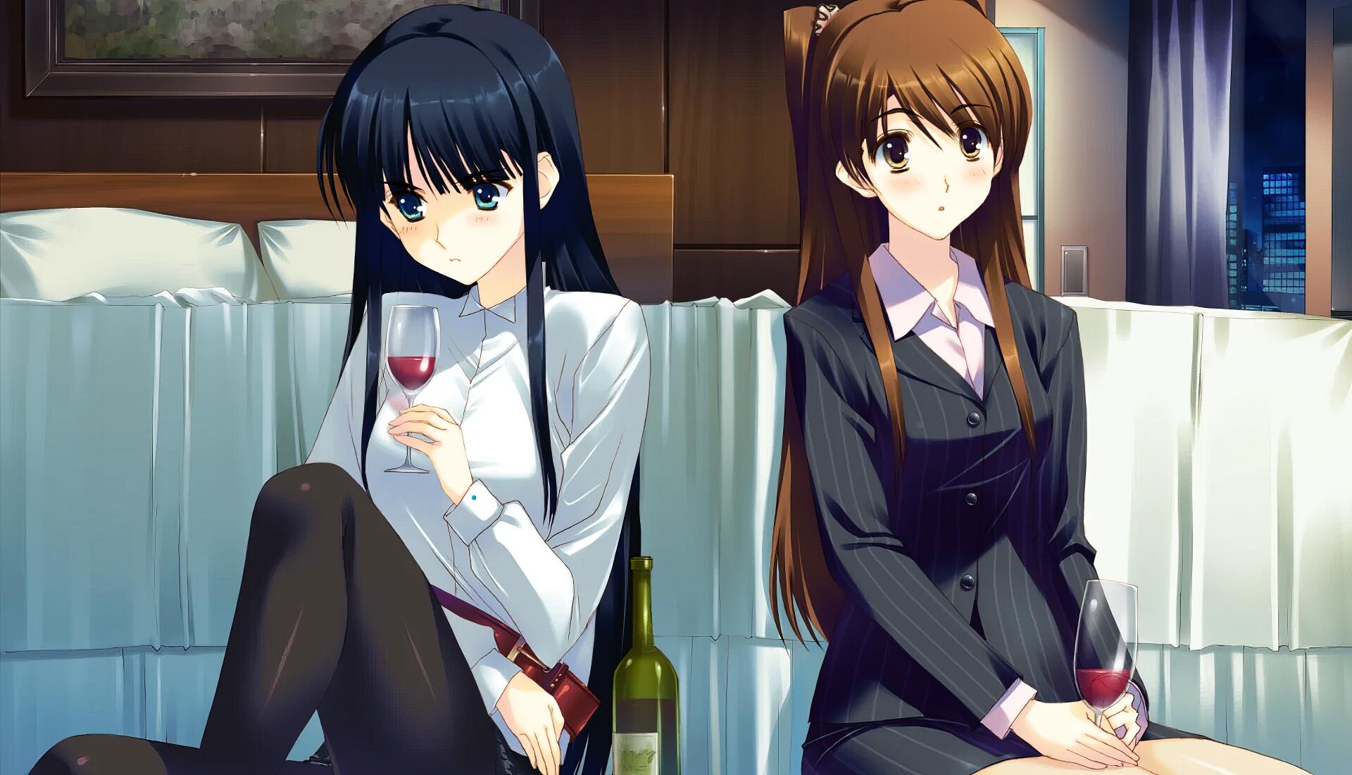 HD anime wallpaper from White Album 2 featuring two female characters sitting on a couch, holding wine glasses in a cozy indoor setting.