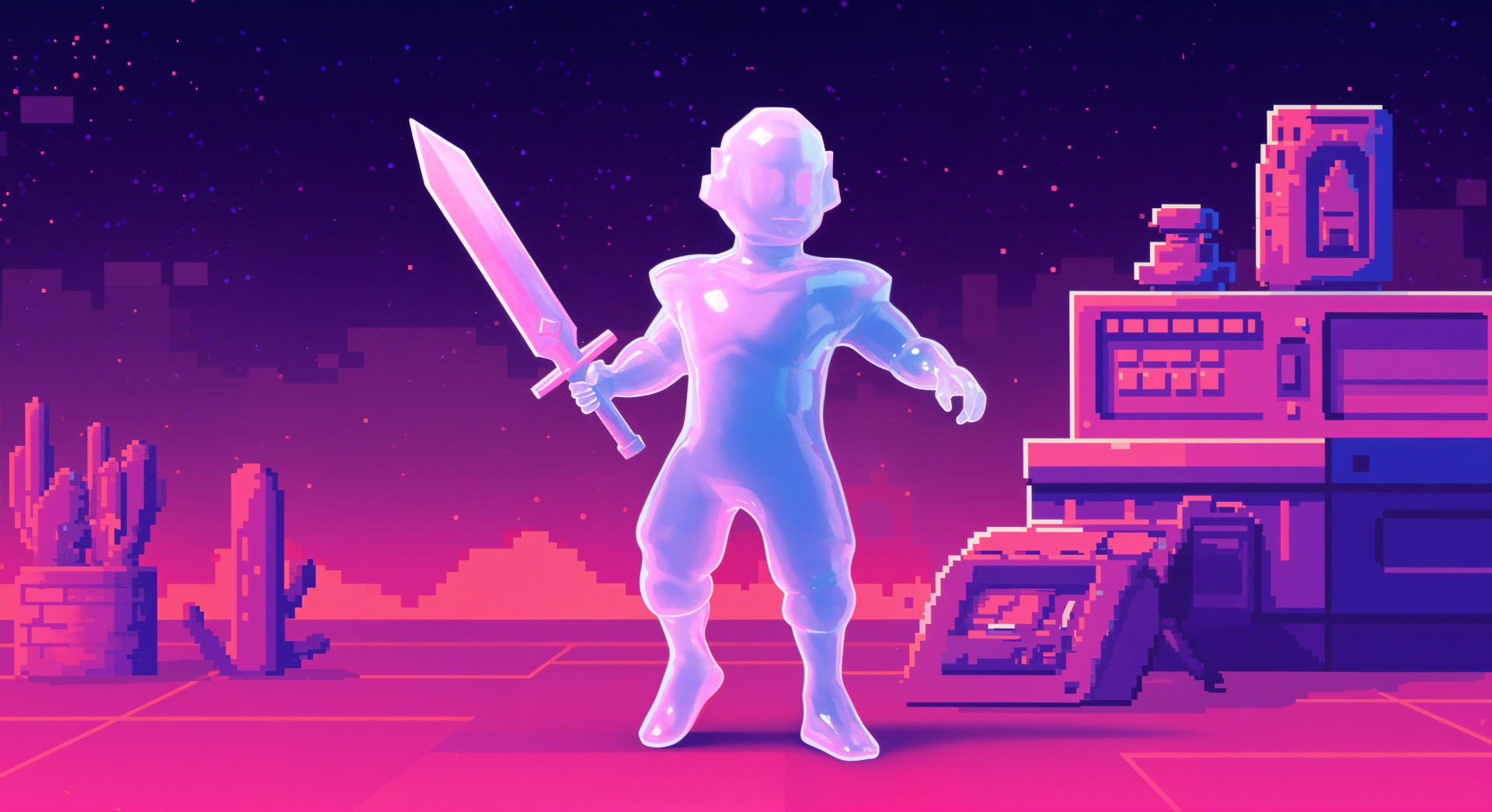 4K Ultra HD PC desktop wallpaper featuring a glowing pixel-art warrior holding a sword against a vibrant futuristic cityscape at sunset.