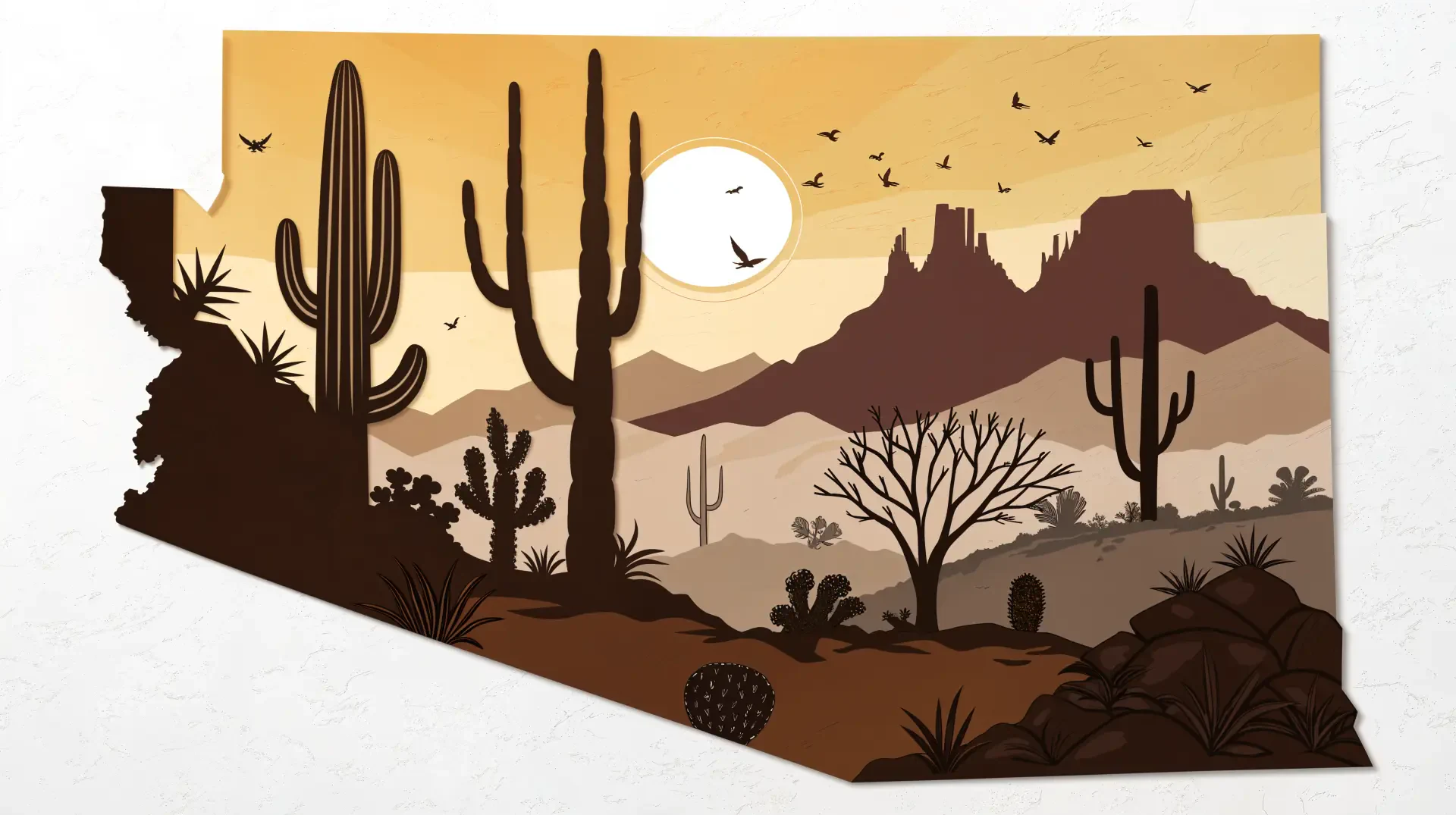 4K Ultra HD PC desktop wallpaper showcasing an Arizona desert landscape with cacti, rocky mountains, a setting sun, and birds flying in a warm, golden sky.