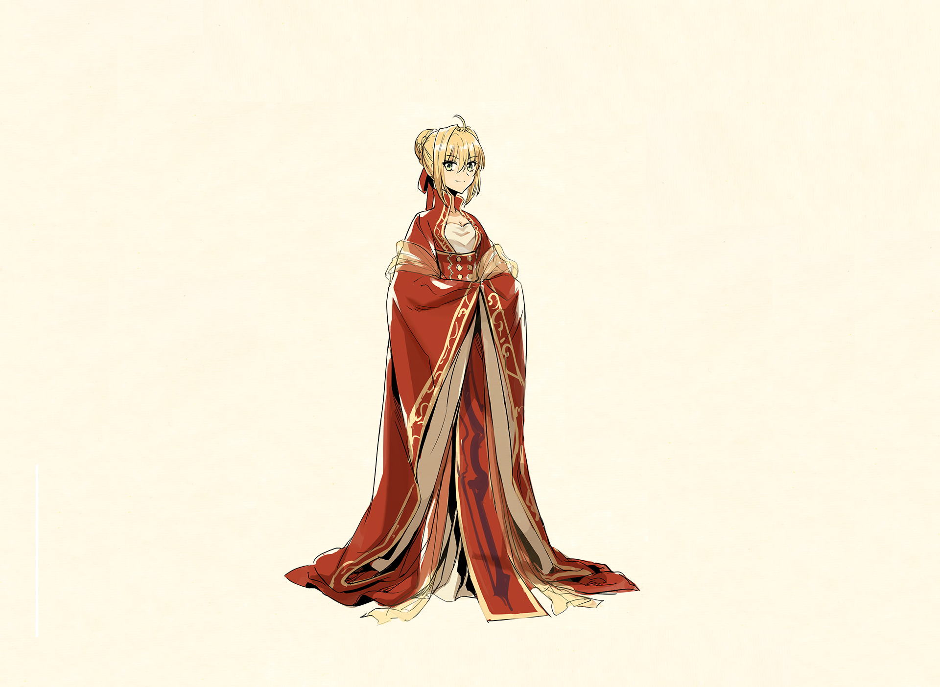 HD PC desktop wallpaper featuring Saber from Fate/Extra in an elegant red and white outfit, set against a clean white background in anime style.