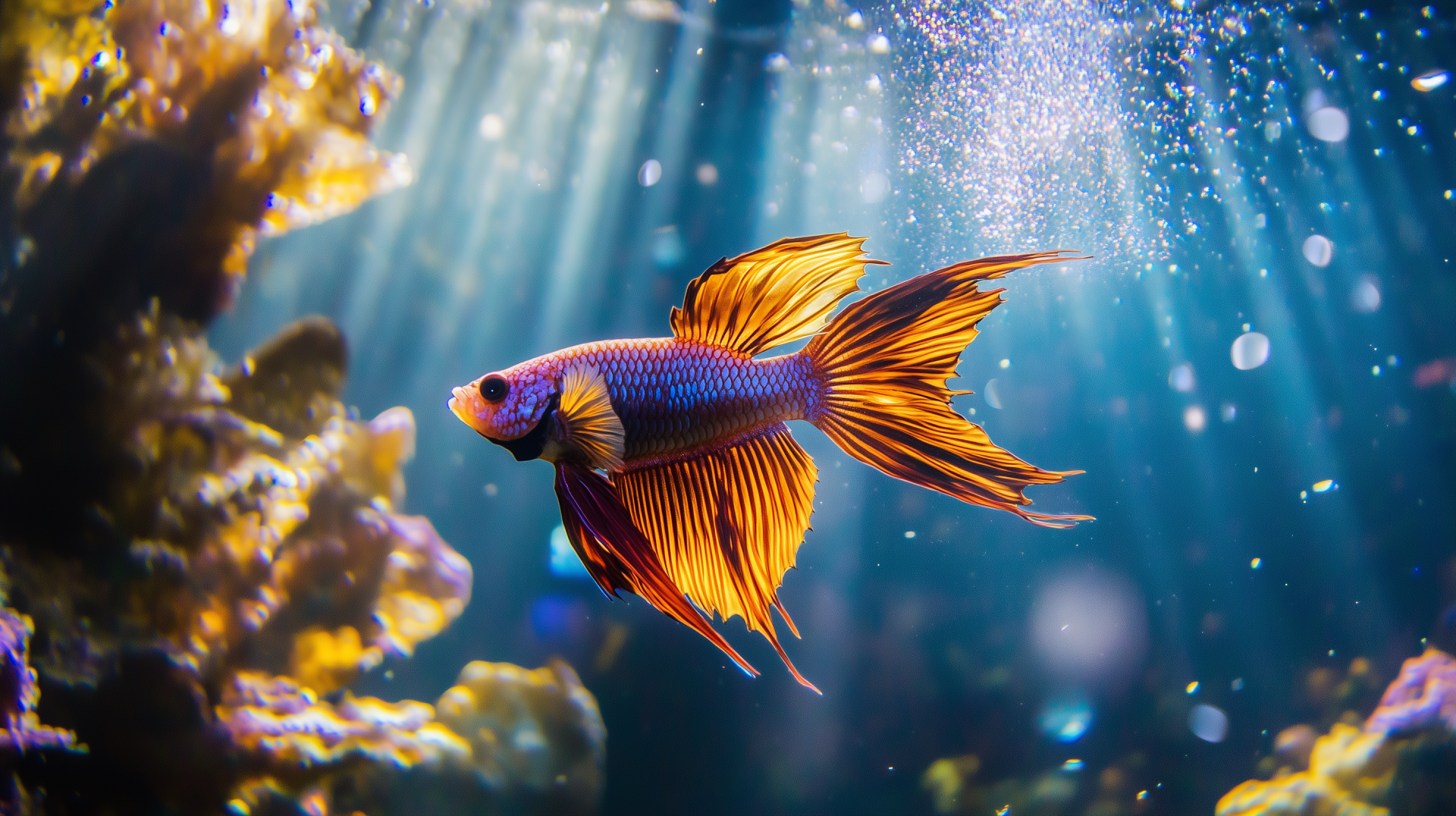 Vibrant Siamese fighting fish with flowing orange fins swims underwater, illuminated by shimmering light rays against a blurred aquatic background in this HD PC desktop wallpaper.