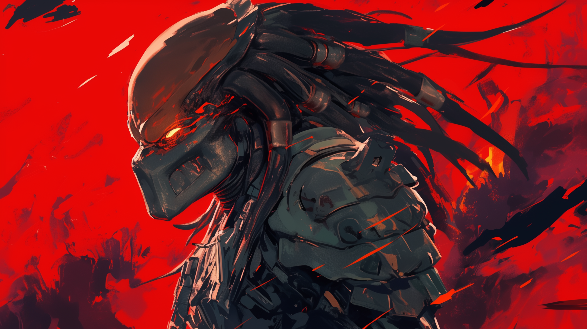 HD PC desktop wallpaper featuring a fierce Predator from Alien vs. Predator, set against a vivid red background with dynamic, intense detailing.