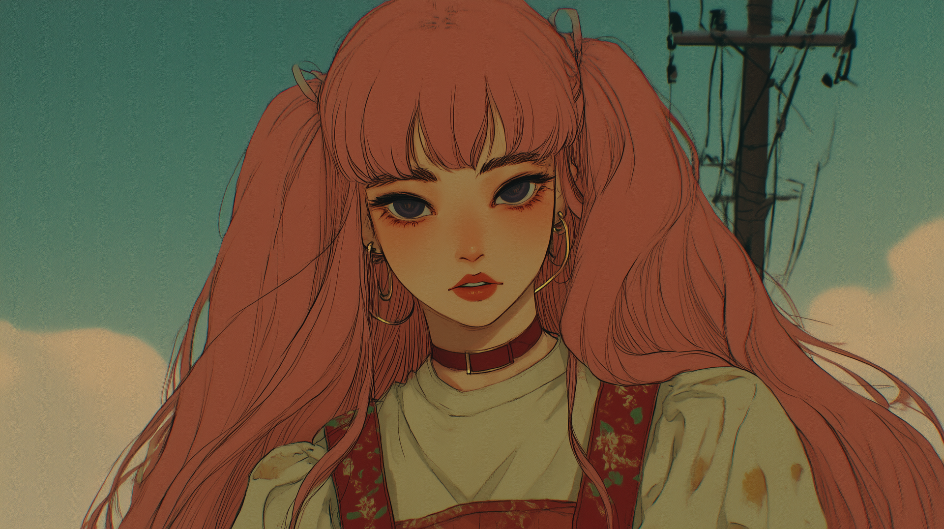 Retro anime-style portrait of a girl with long pink hair and expressive eyes, set against a muted outdoor background, designed as an HD PC desktop wallpaper.