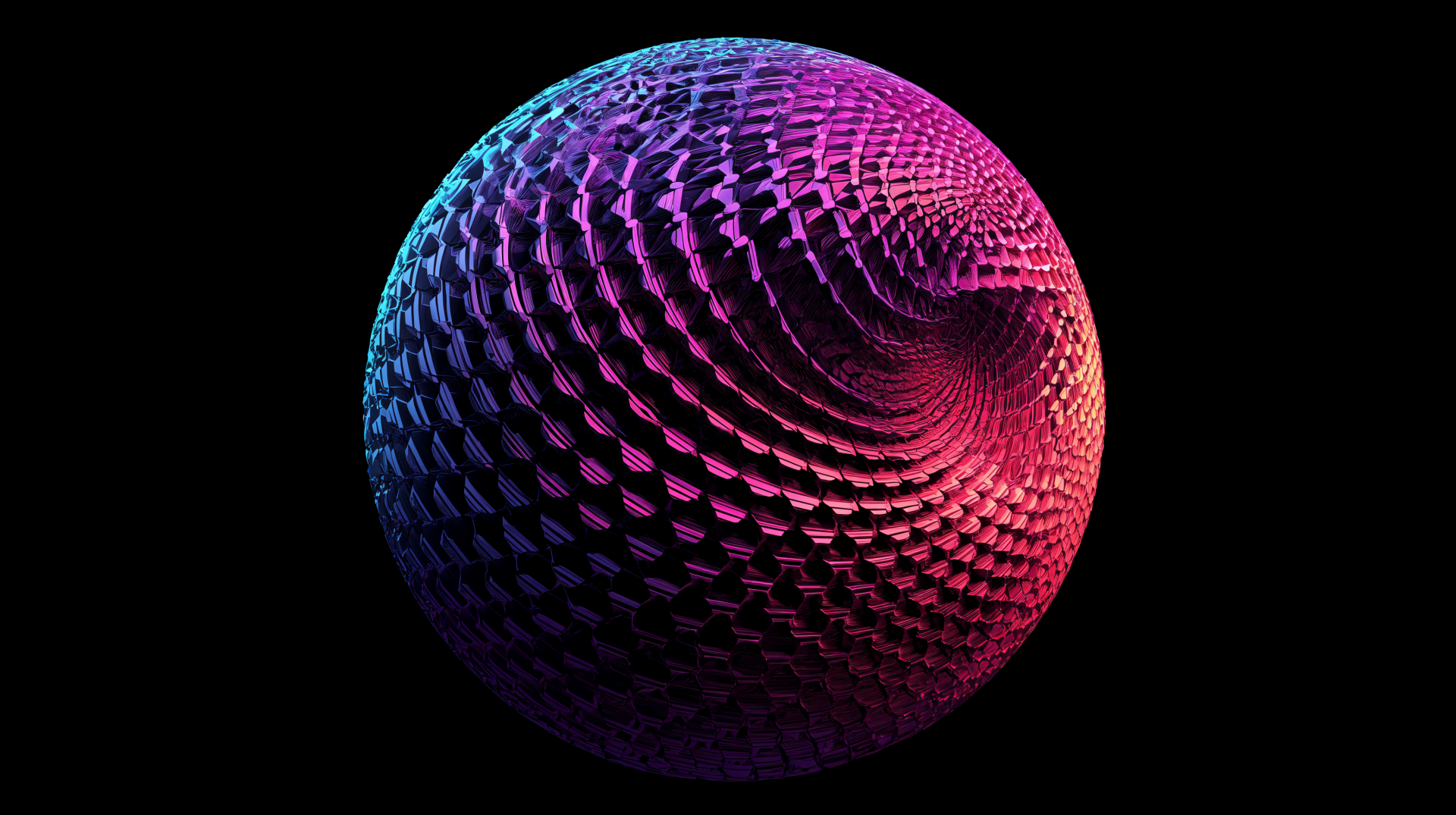 Artistic 4K Ultra HD PC desktop wallpaper featuring a textured sphere illuminated with vibrant blue and pink lighting against a black background.