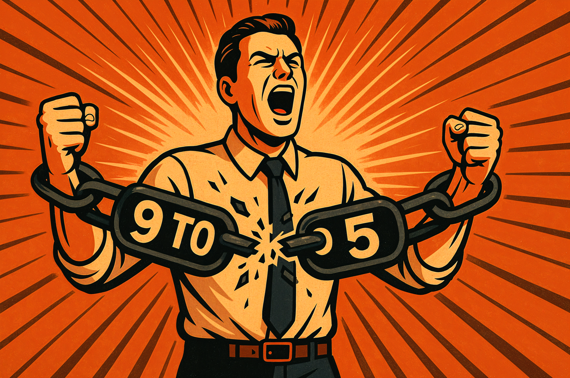 A man in office attire breaks a heavy chain labeled 9 to 5, symbolizing liberation from a traditional 9 to 5 job, depicted in vibrant 4K Ultra HD style.