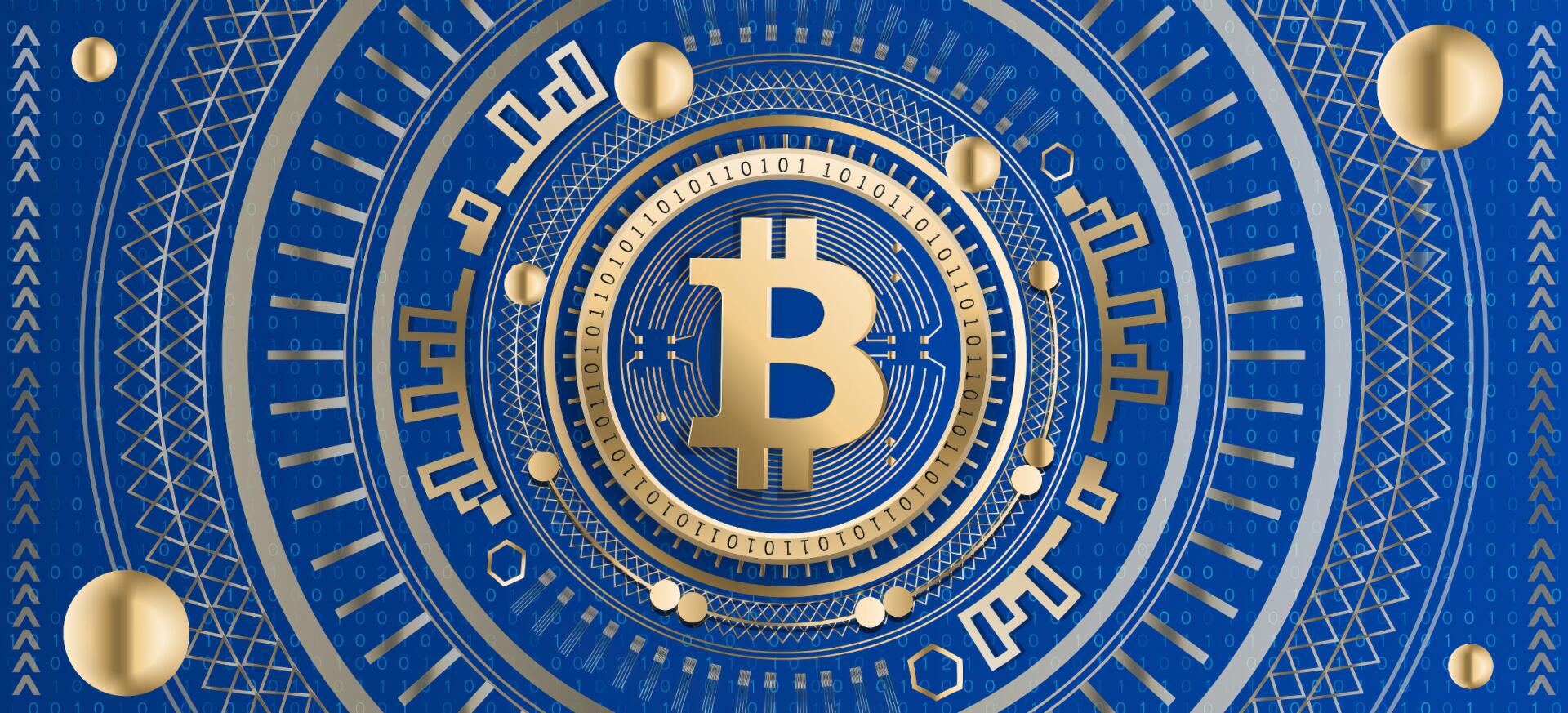 HD PC desktop wallpaper featuring a gold Bitcoin symbol centered within concentric blue and gold digital circuit patterns, representing cryptocurrency technology.